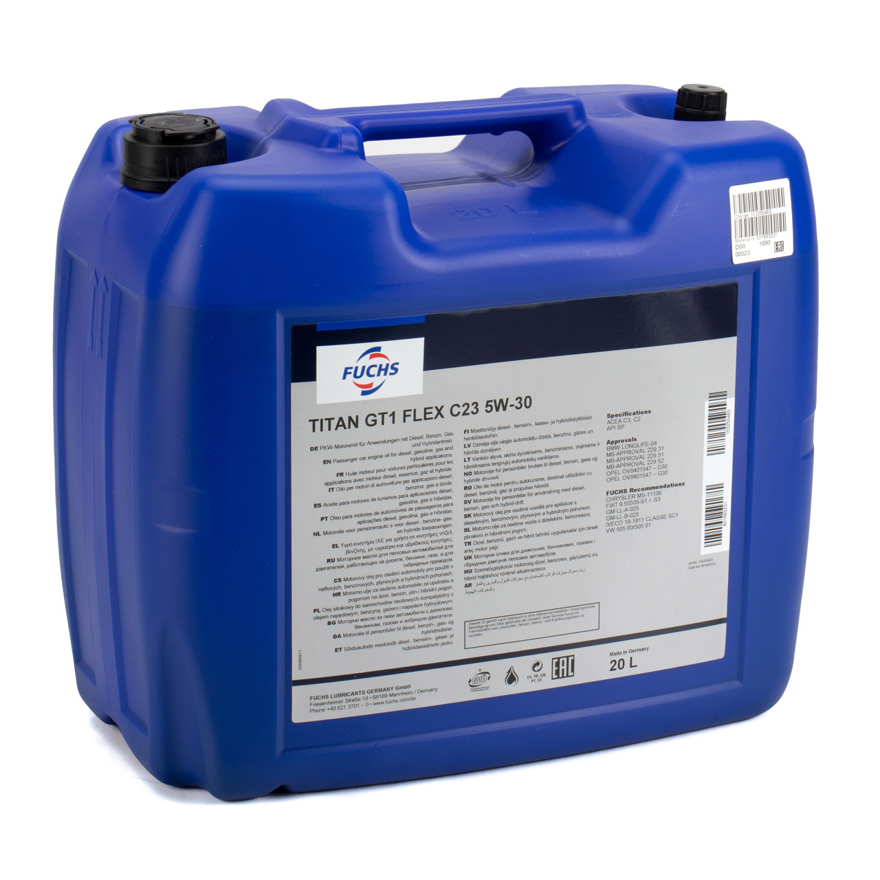 20L 20 Liter FUCHS TITAN GT1 FLEX C23 5W-30 Motoröl für BMW LL04 MB 229.31/51/52 505.00/01
