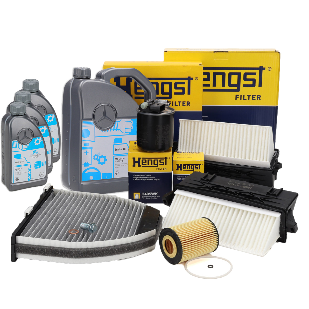 HENGST Filterset 4-tlg + 8L ORIGINAL 5W30 MB 229.51 Motor&ouml;l MERCEDES W204 W212 X204 OM642