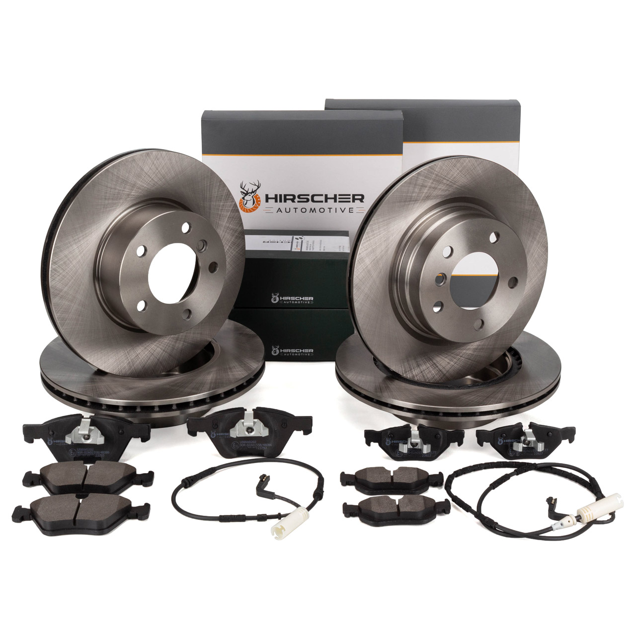 HIRSCHER Bremsscheiben + Bel&auml;ge + Sensor f&uuml;r BMW E81 E87 E90 bis 02.2010 vorne + hinten