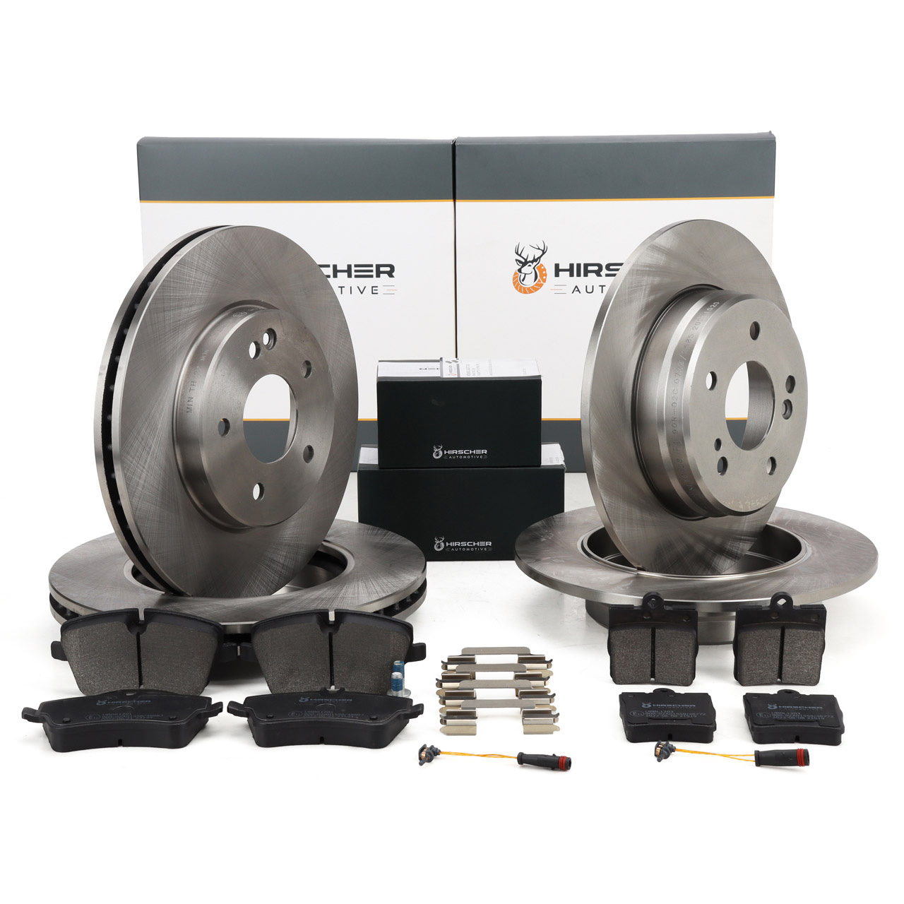 HIRSCHER Bremsscheiben + Bel&auml;ge + Sensor f&uuml;r MERCEDES W203 CL203 C209 R171 vorne + hinten