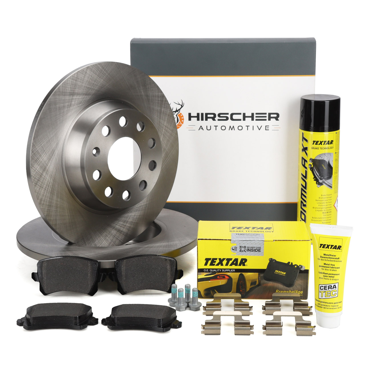 HIRSCHER Bremsscheiben + TEXTAR Bel&auml;ge f&uuml;r VW Passat B6 Sharan Tiguan SEAT Alhambra hinten