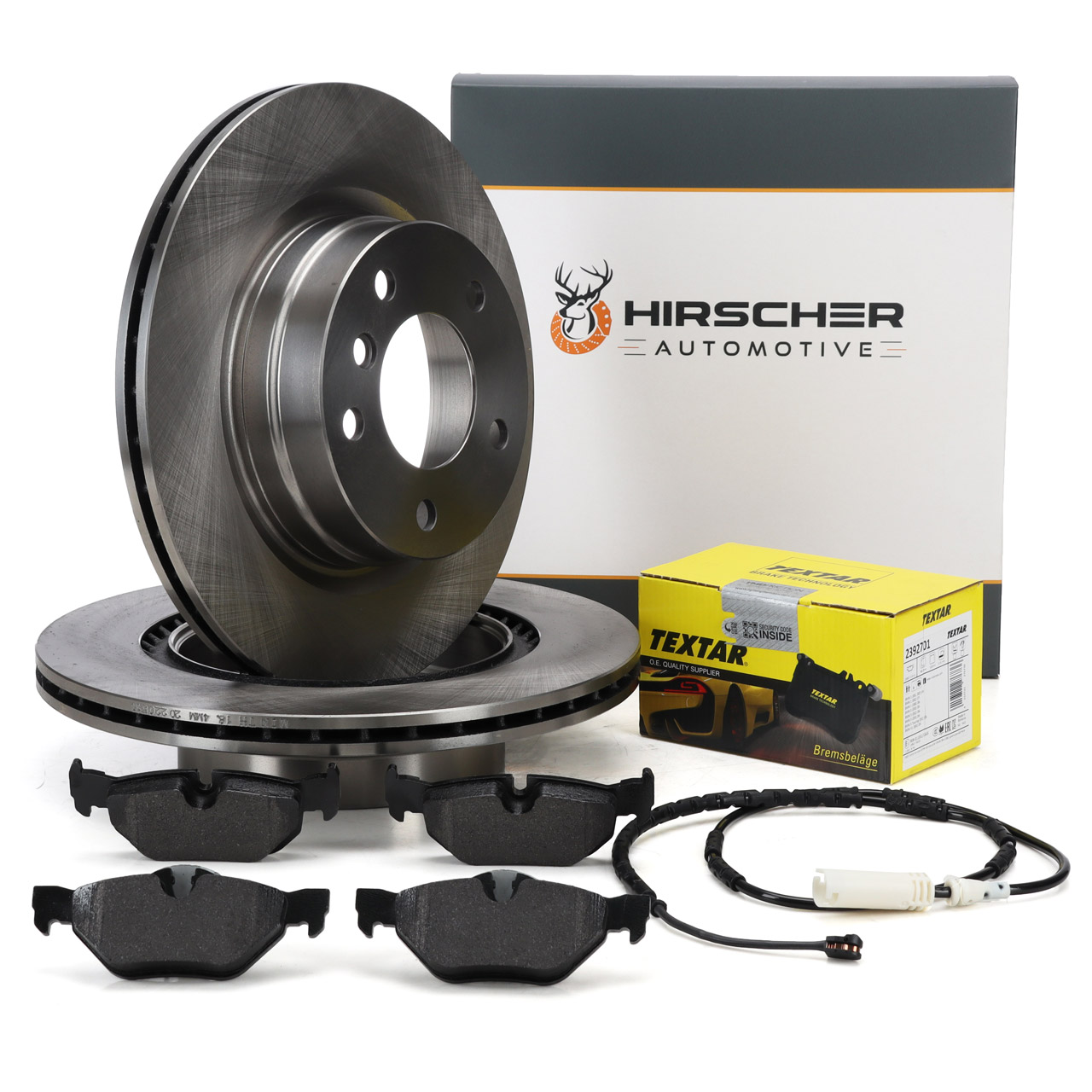 HIRSCHER Bremsscheiben + TEXTAR Bremsbel&auml;ge + Sensor f&uuml;r BMW E81 E87 E90-93 03.2010 hinten