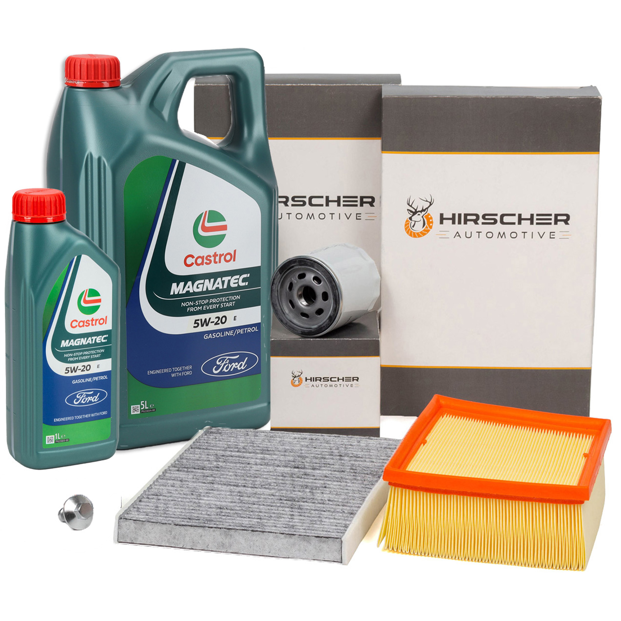 HIRSCHER Filterset + 6L CASTROL 5W20 Motor&ouml;l f&uuml;r FORD Fiesta 6 B-Max EcoSport 1.0 EcoBoost