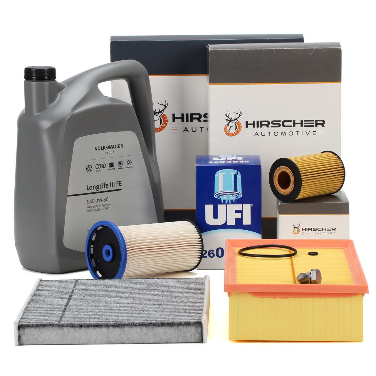 HIRSCHER Filterset 4-tlg + 5L ORIGINAL 0W30 Motor&ouml;l f&uuml;r VW Golf 7 Passat AUDI 1.6/2.0 TDI