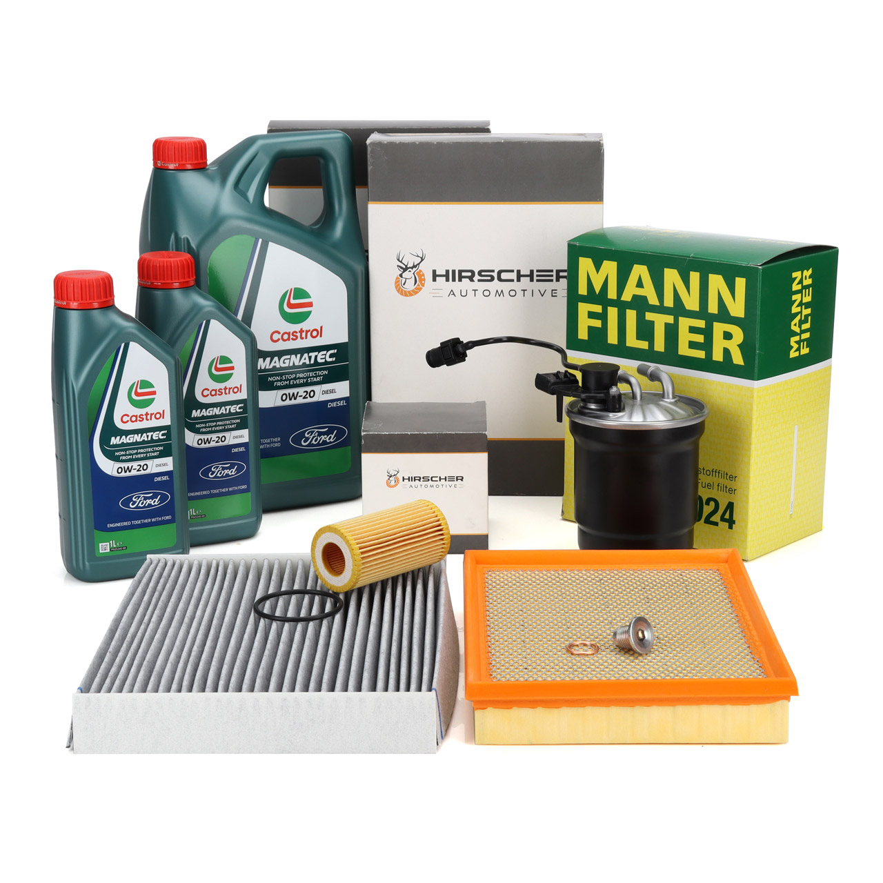 HIRSCHER Filterset 4-tlg + 7L CASTROL 0W20 Motor&ouml;l f&uuml;r FORD Focus 4 Kuga 3 1.5 EcoBlue