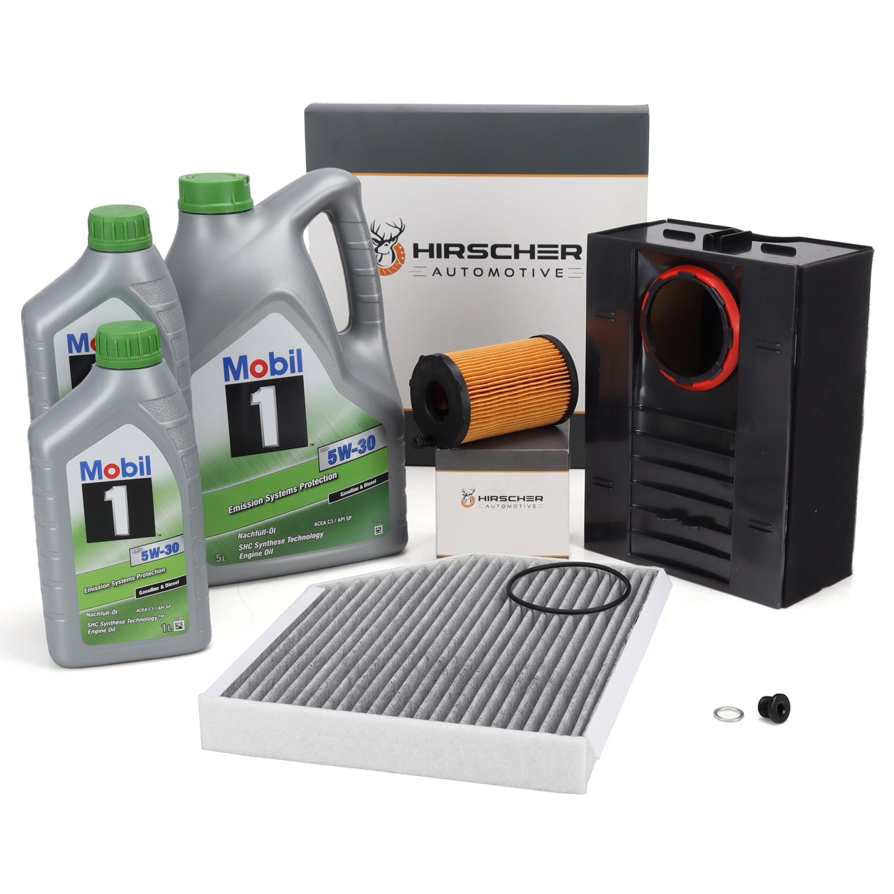 HIRSCHER Filterset 3-tlg + 7L MOBIL 1 ESP 5W30 Motor&ouml;l f&uuml;r PORSCHE Macan 3.0 S Diesel