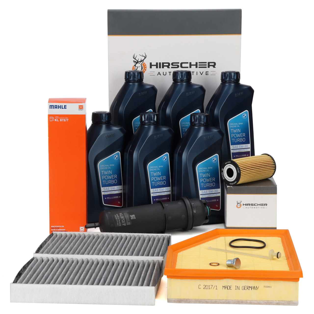HIRSCHER Filterset 4-tlg + 6L ORIGINAL 5W30 Motor&ouml;l f&uuml;r BMW 5er G30 G31 G32 G11 G12 X5 B47