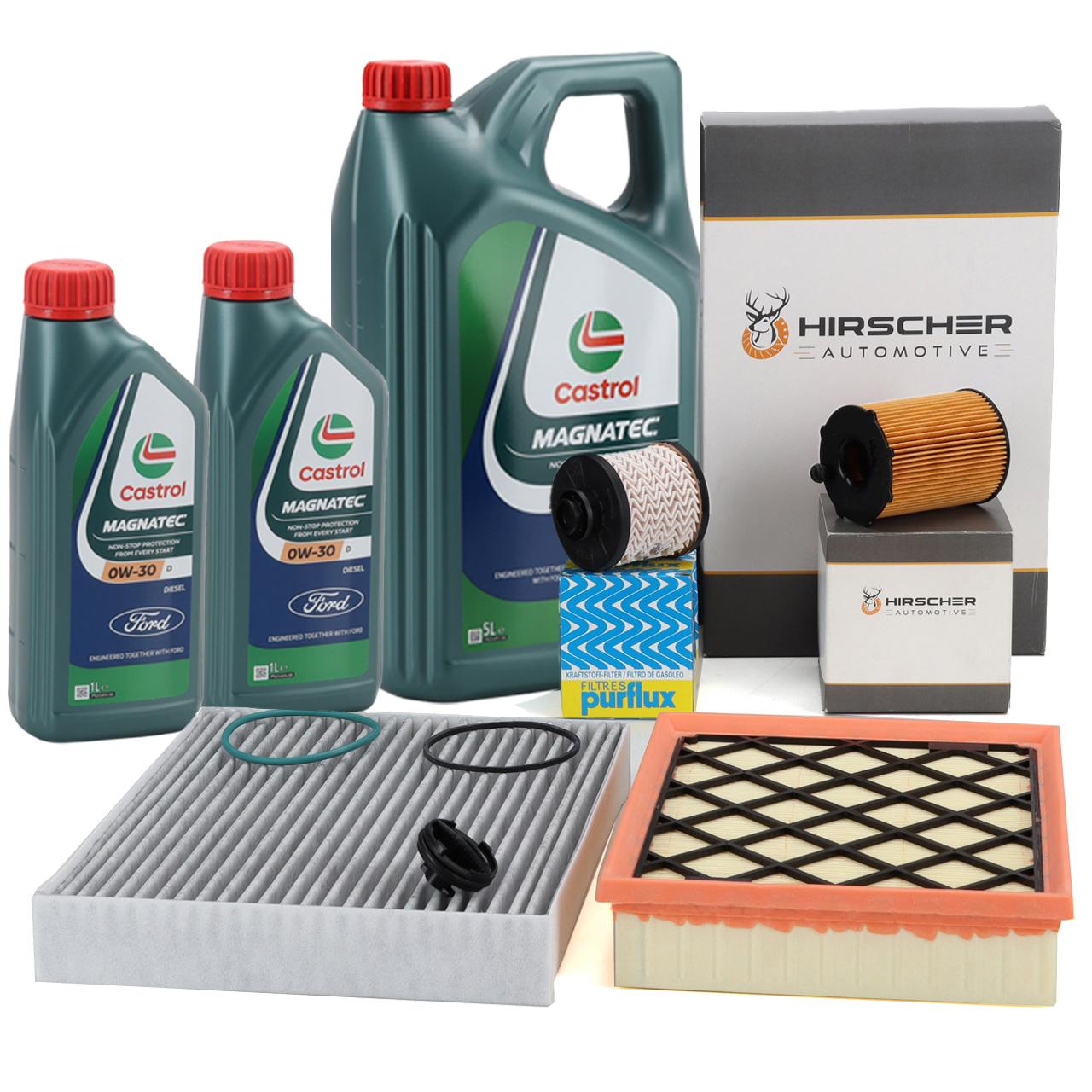 HIRSCHER 4-piece filter set + 7L ORIGINAL 0W30 engine oil for FORD Mondeo 5 S-Max 2.0 TDCi