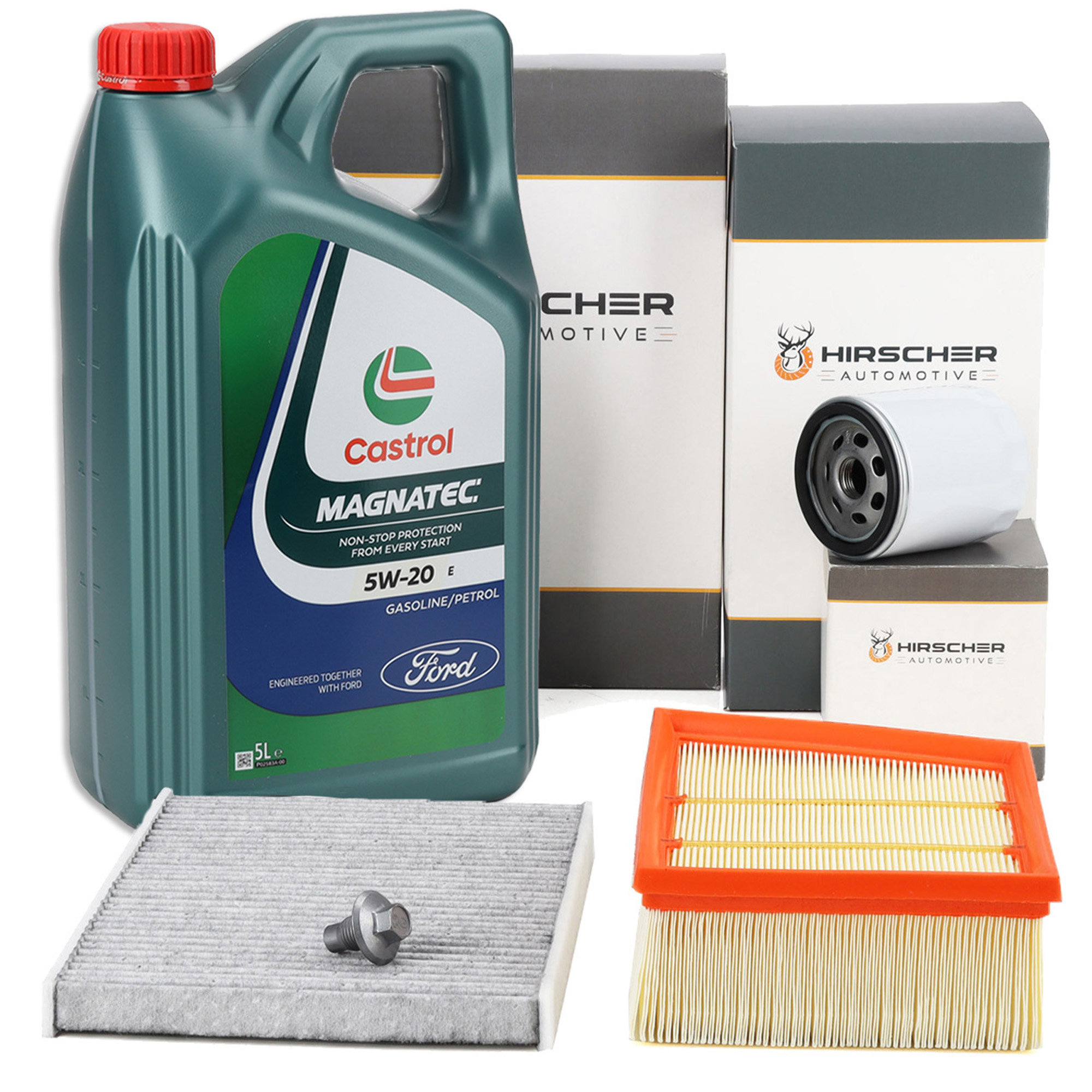 HIRSCHER Filterset + 5L CASTROL 5W20 E Motoröl für FORD 7 MK7 1.0 EcoBoost 1.1 Ti-VCT HIRSCHER Filterset + 5L CASTROL 5W20 E Motoröl für FORD 7 MK7 1.0 EcoBoost 1.1 Ti-VCT