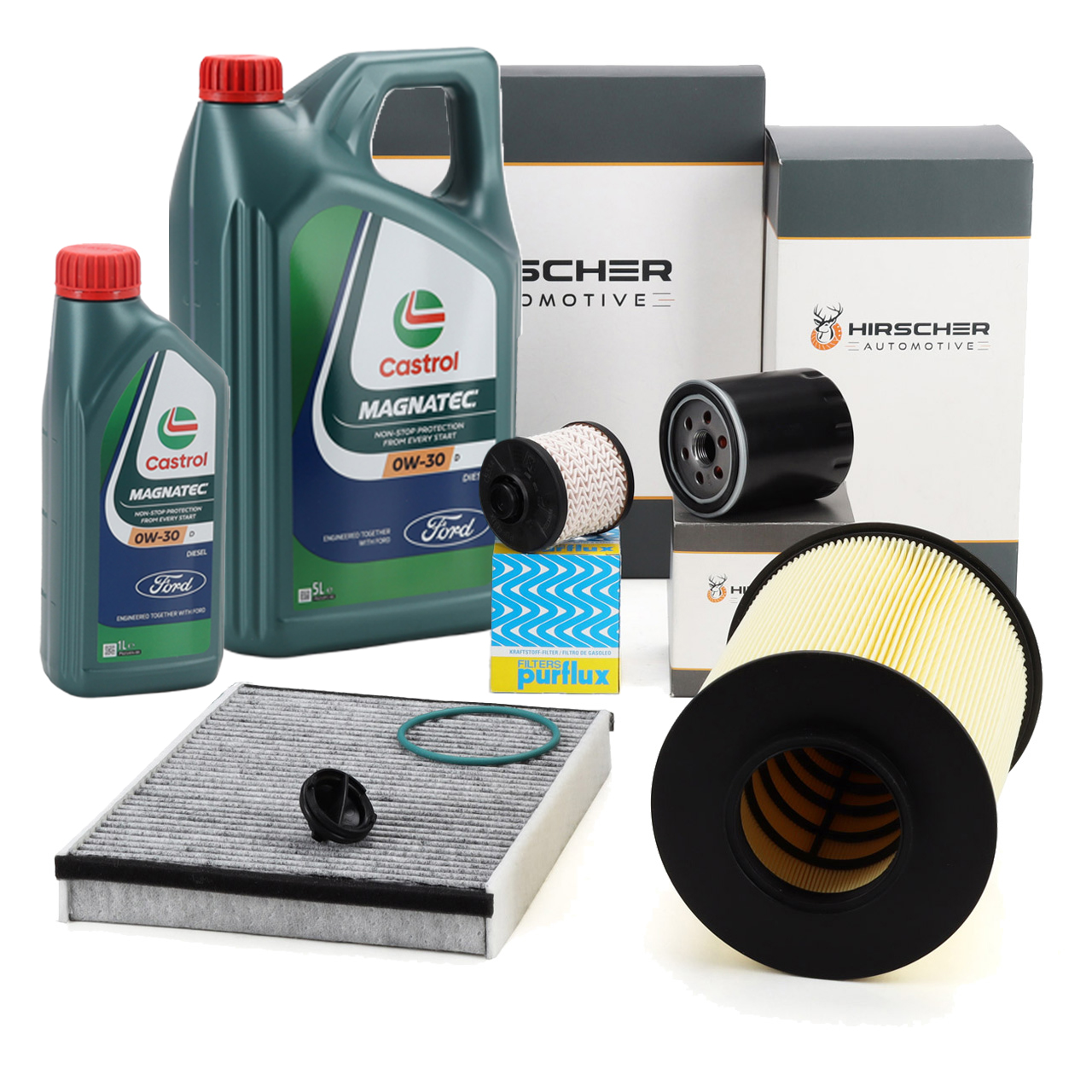 HIRSCHER Filterset 4-tlg + 6L ORIGINAL 0W30 D Motor&ouml;l f&uuml;r FORD Focus 2 C-Max 2 2 2.0 TDCi