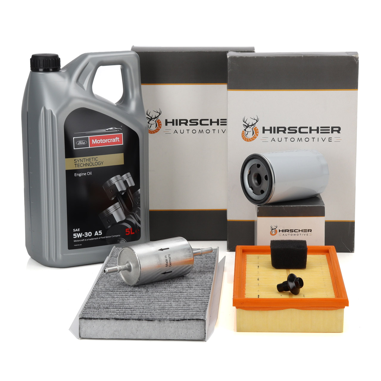 HIRSCHER Filterset 4-tlg + 5L ORIGINAL 5W30 A5 Motor&ouml;l f&uuml;r FORD Focus 1 1.6-2.0 16V ST170