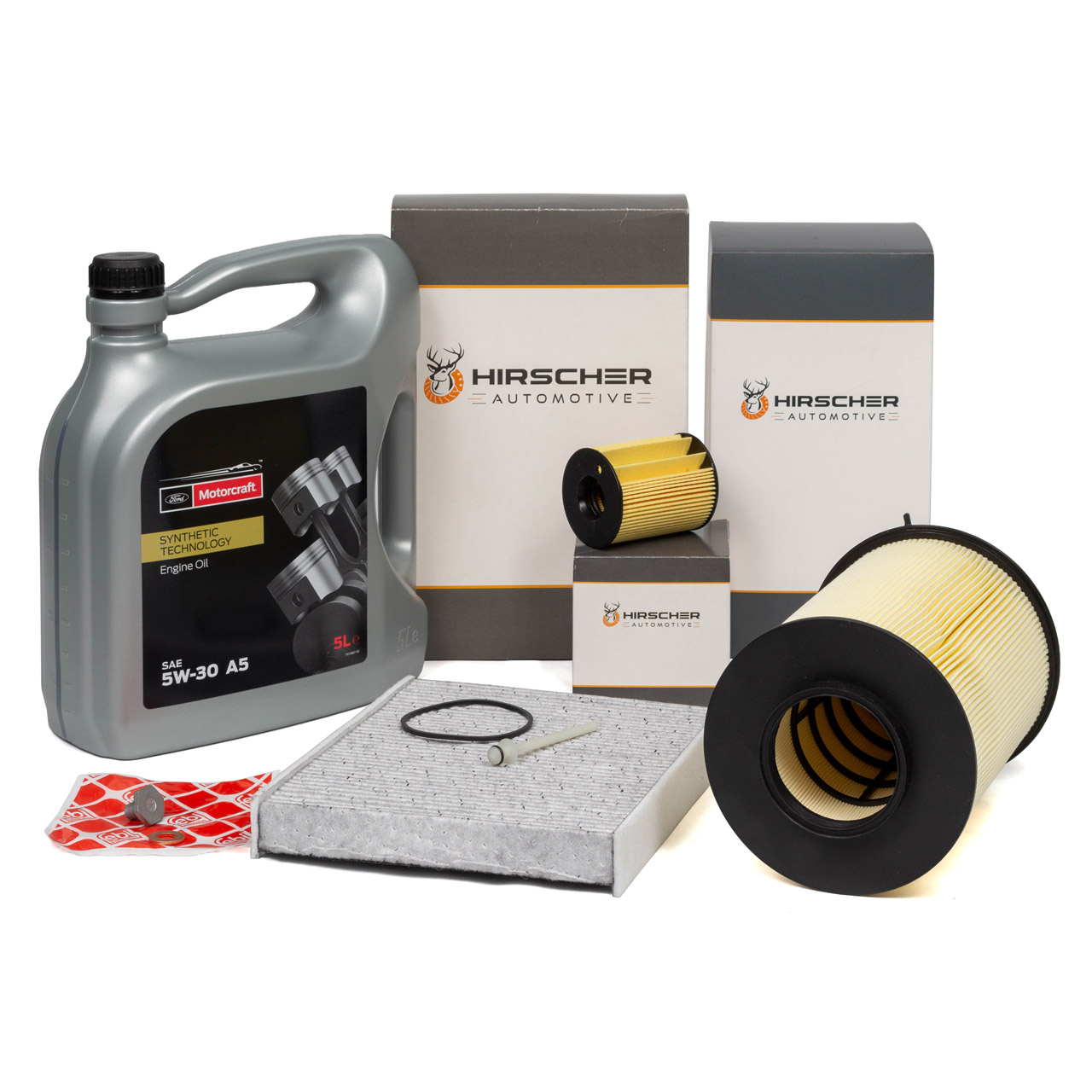 HIRSCHER Filterset + 5L ORIGINAL Motorcraft 5W30 Motoröl für FORD Focus 2 1.6 TDCi 04.2007