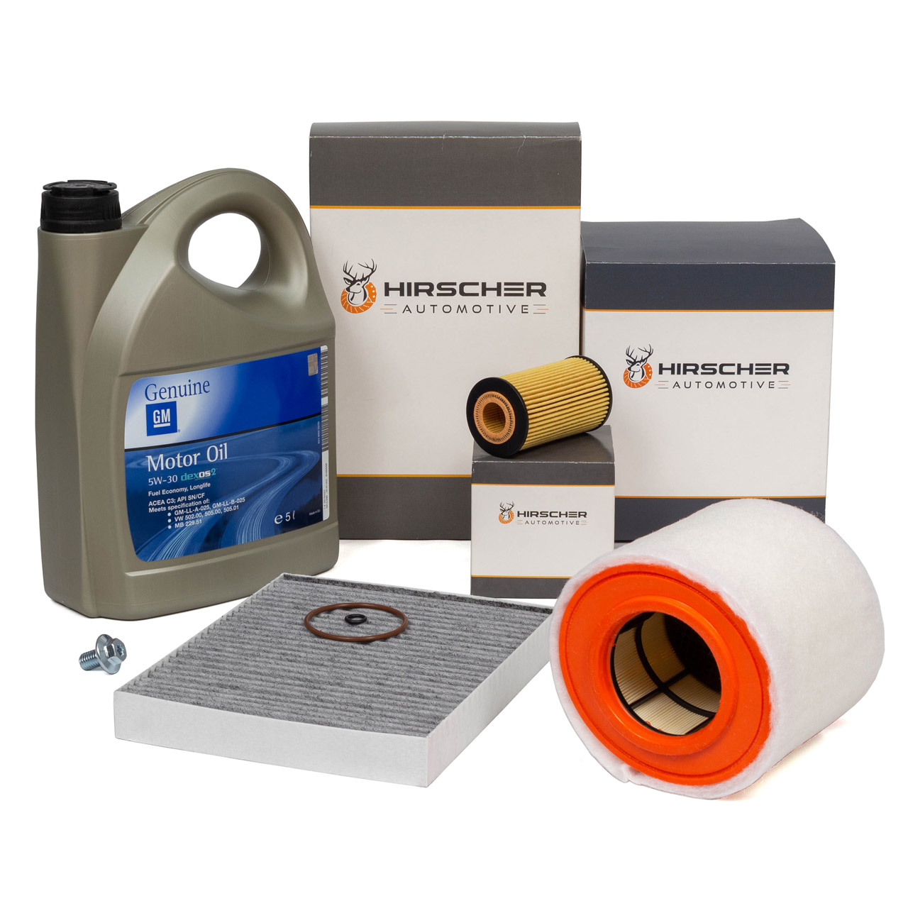 HIRSCHER Filterset 3-tlg + 5L ORIGINAL 5W30 Motor&ouml;l dexos2 f&uuml;r OPEL Astra K 1.6 CDTi