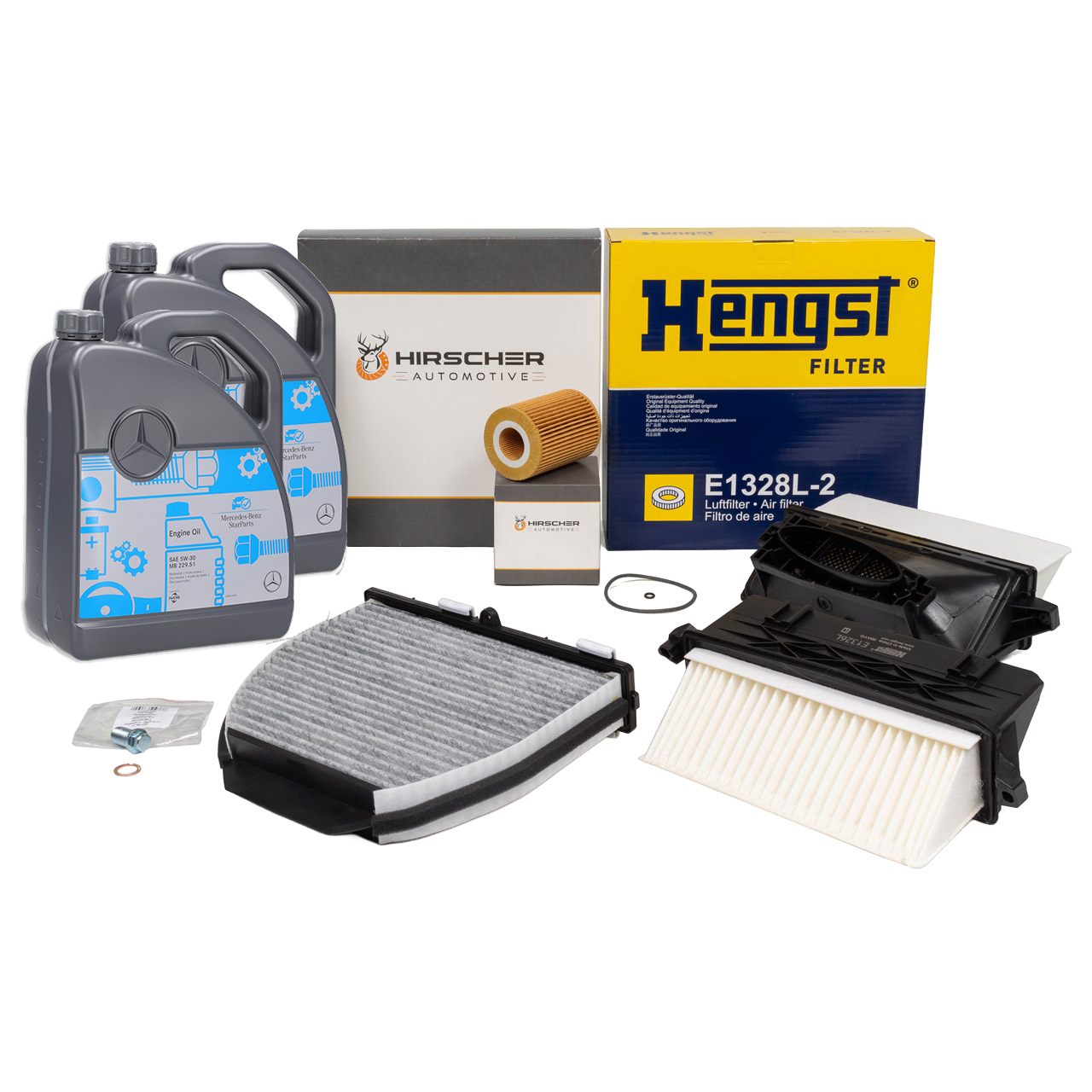HIRSCHER Filterset 3-tlg + 10L ORIGINAL 5W30 Motor&ouml;l MERCEDES W204 W212 C300/350CDI OM642