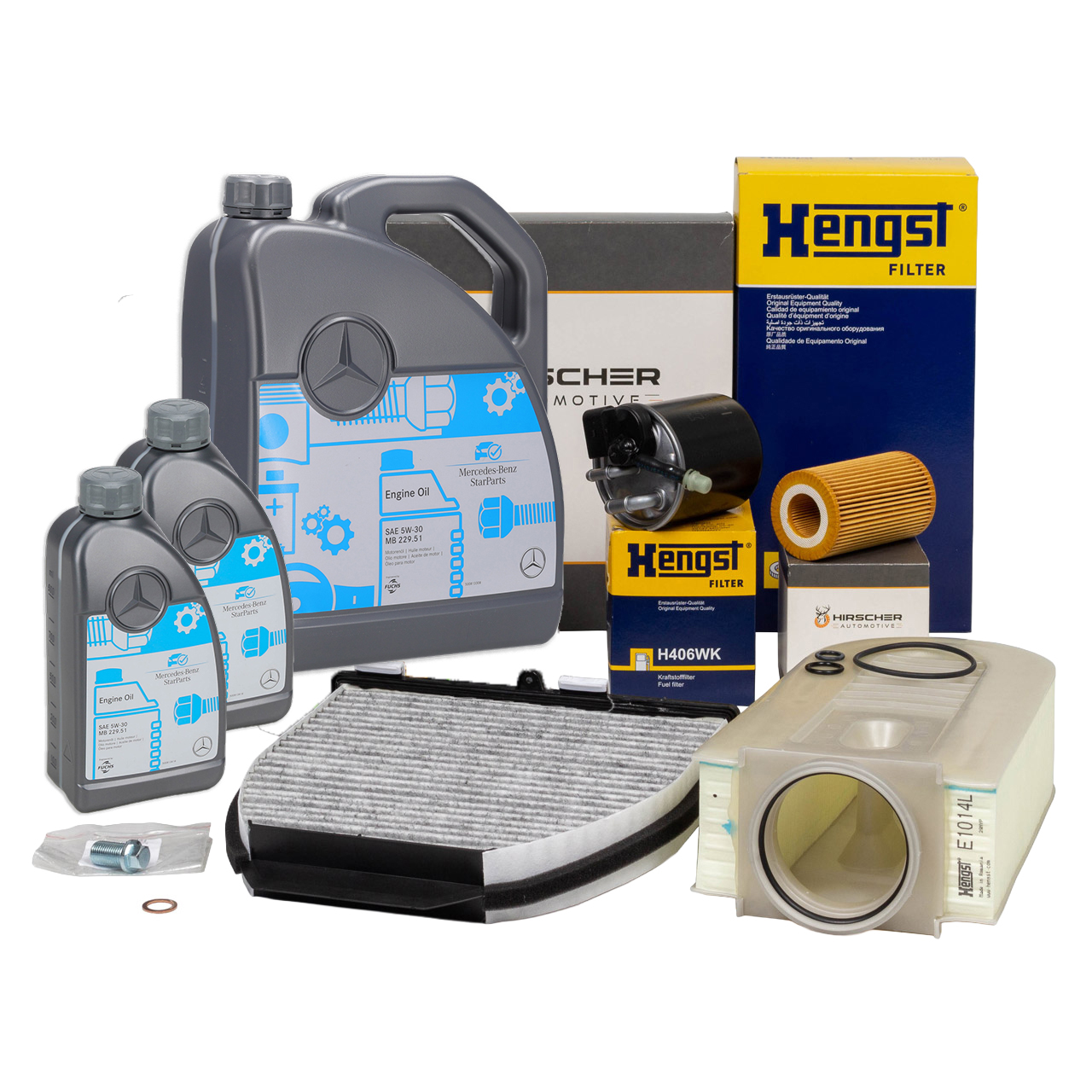 HIRSCHER Filterset 4-tlg + 7L ORIGINAL 5W30 Motor&ouml;l MERCEDES W204 W212 180d-250d OM651