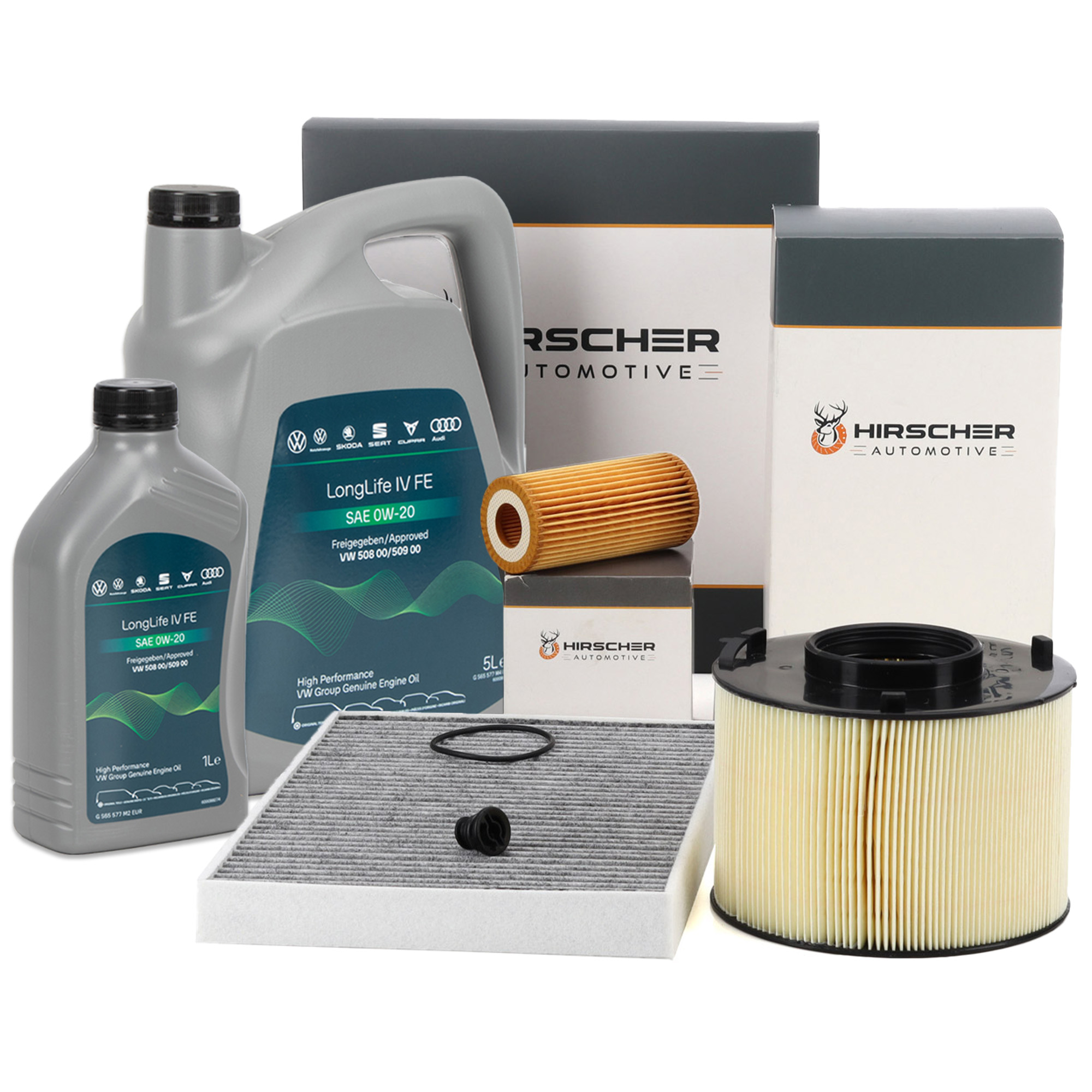 HIRSCHER Filterset + 6L ORIGINAL 0W20 Motoröl für AUDI A4 8W B9 A5 F5 2.0/35/40/45 TFSI