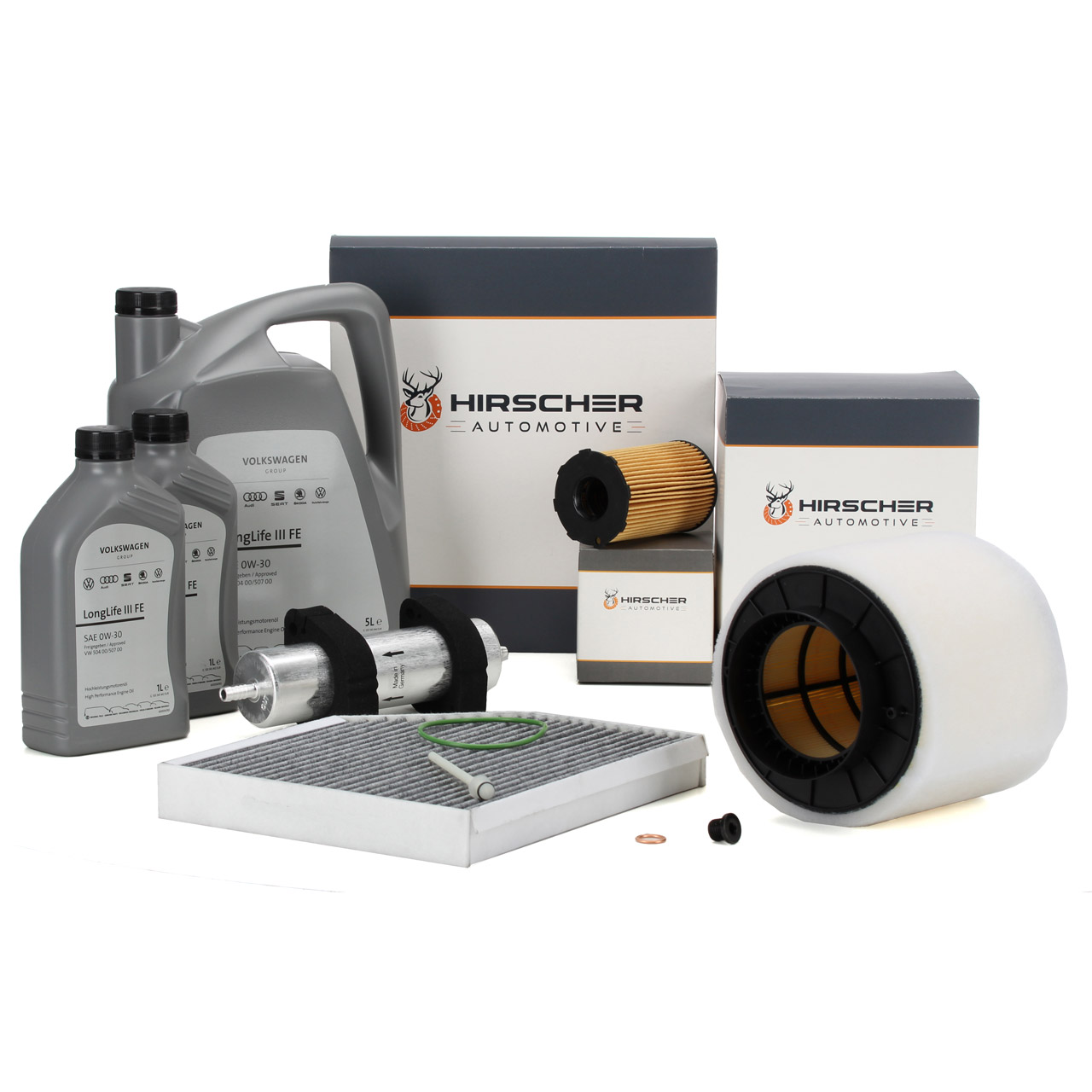 HIRSCHER Filterset 4-tlg + 7L ORIGINAL 0W30 Motor&ouml;l f&uuml;r AUDI A4 B8 A5 8T 8F Q5 SQ5 3.0 TDI