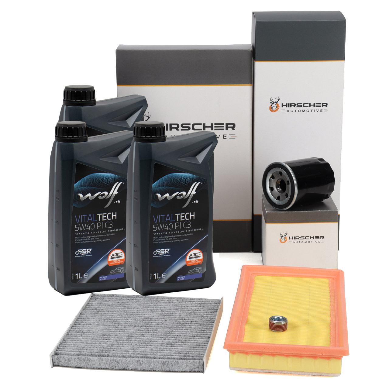 HIRSCHER Filter Set + 3L WOLF 5W-40 PI C3 for FIAT 500 (up to August 2011), Panda 312, 319, and FORD 1.2