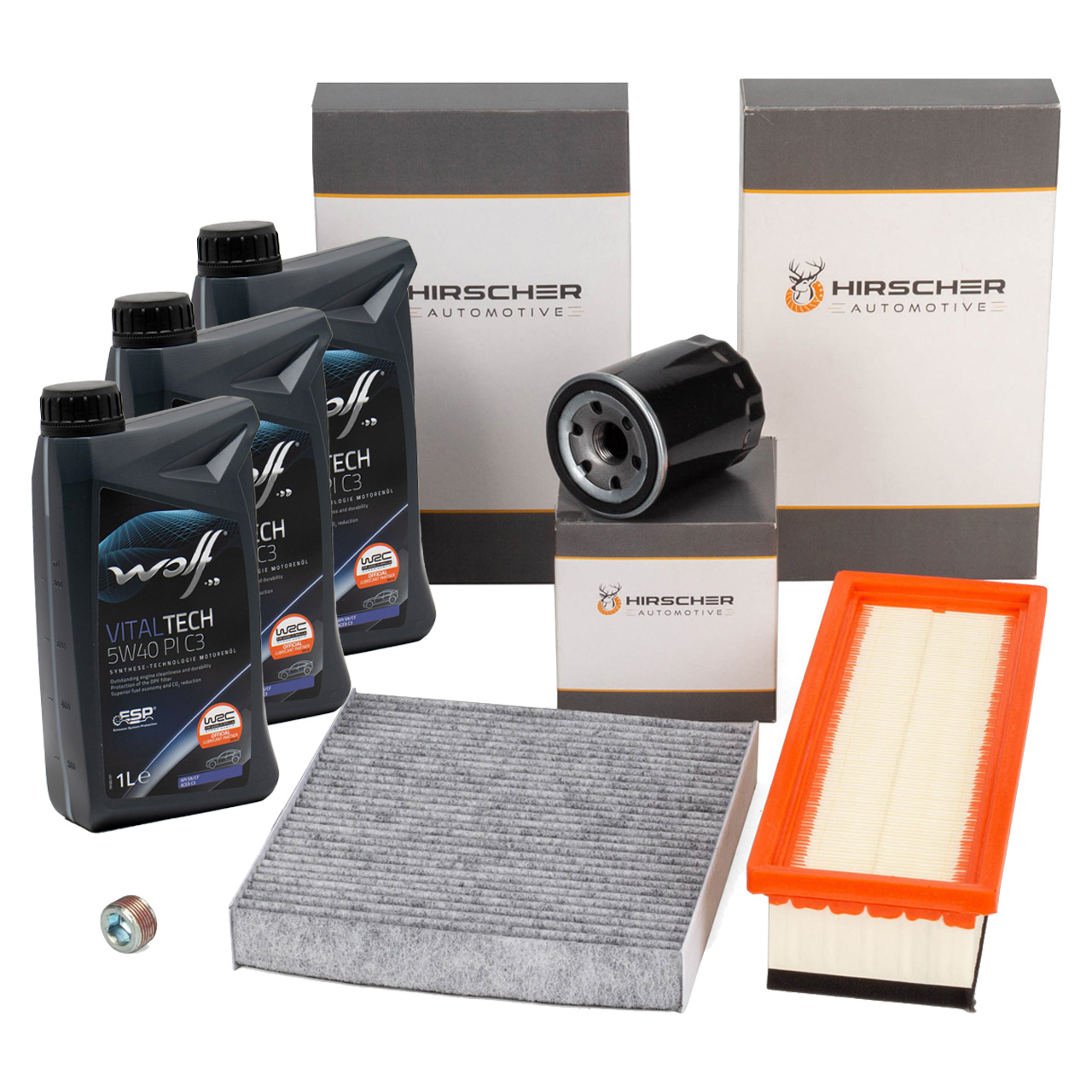 HIRSCHER Filterset + 3L WOLF 5W-40 PI C3 Motor&ouml;l f&uuml;r FIAT 500 09.2011 Panda 312_ 319_ 1.2