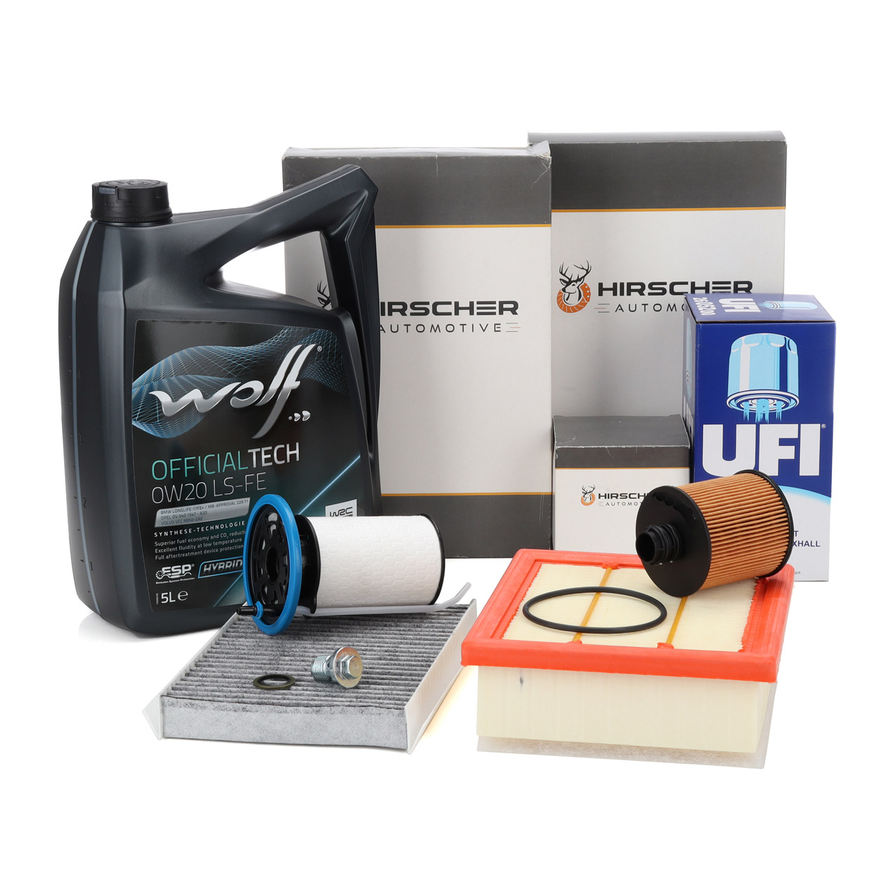 HIRSCHER 4-piece filter set + 5L WOLF 0W-20 LS-FE engine oil for FIAT 500X (334_) 1.6/2.0D