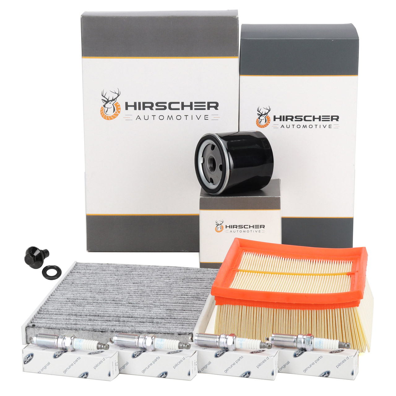 HIRSCHER Filterset + 4x ORIGINAL Z&uuml;ndkerze f&uuml;r FORD Fiesta 6 MK6 1.6 ST/ST200 182/200 PS