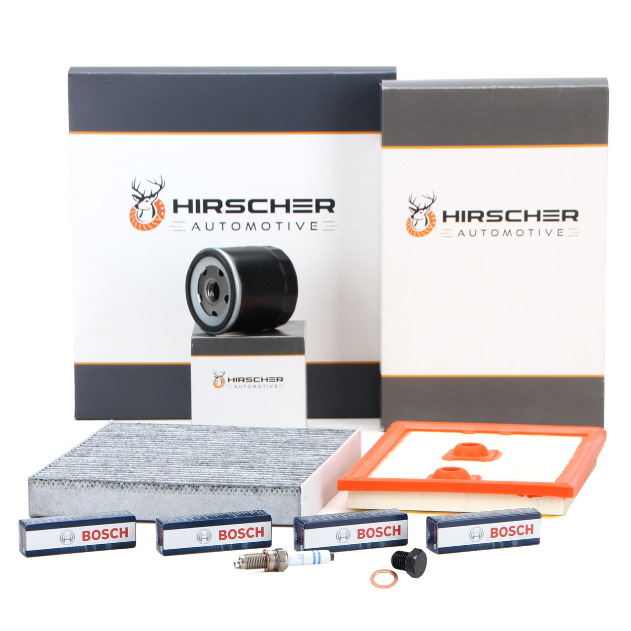 HIRSCHER Filterset + 4x BOSCH Z&uuml;ndkerze f&uuml;r VW Polo AUDI SEAT Ibiza SKODA 1.2/1.4 TSI