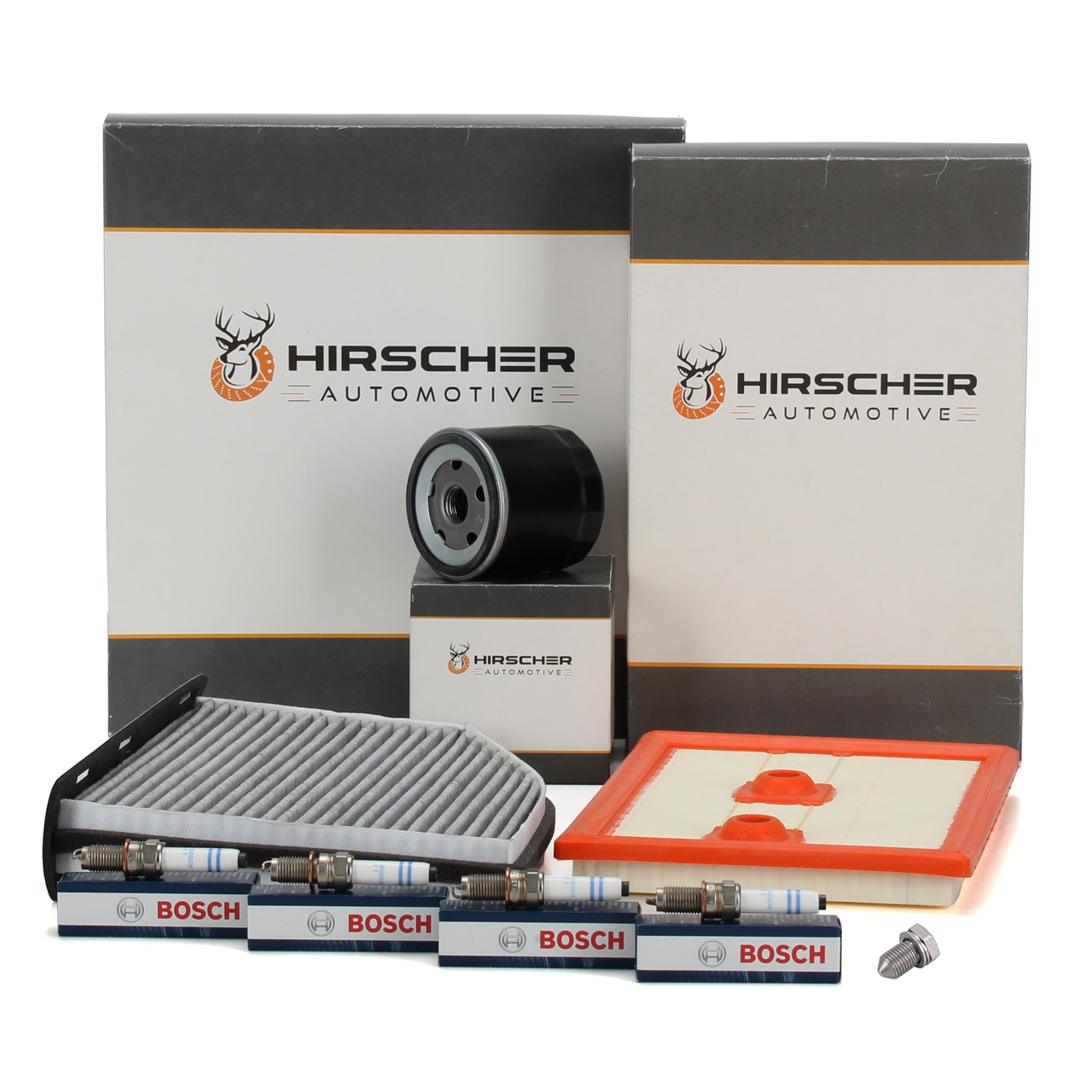 HIRSCHER Filterset + 4x BOSCH Z&uuml;ndkerze f&uuml;r VW Sharan Tiguan Caddy 4 AUDI 8U 1.2/1.4 TSI