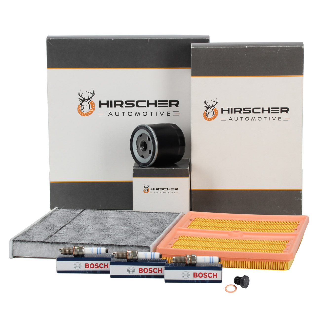 HIRSCHER Filterset + 3x BOSCH Z&uuml;ndkerze f&uuml;r VW Golf 7 T-Roc Touran AUDI A3 8V Q2 1.0 TSI