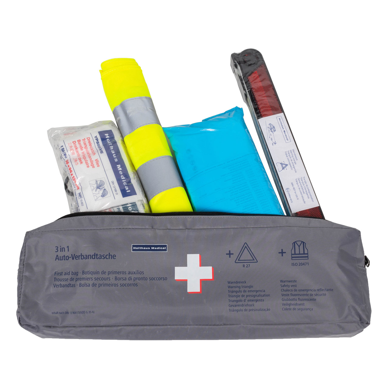 HOLTHAUS 3in1 Erste Hilfe Verbandtasche GRAU (MHD 06.2030) + Warnweste GELB Warndreieck