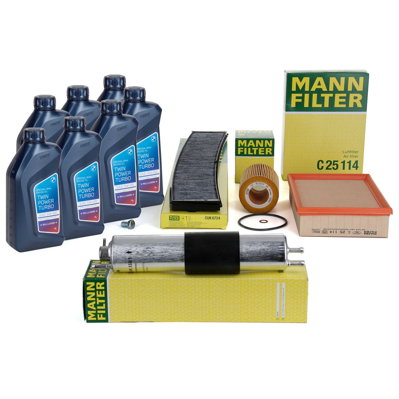 MANN Filterset 4-tlg + 7L ORIGINAL 5W30 Motoröl für BMW 3er E46 320-330i 06.2001 M52 M54