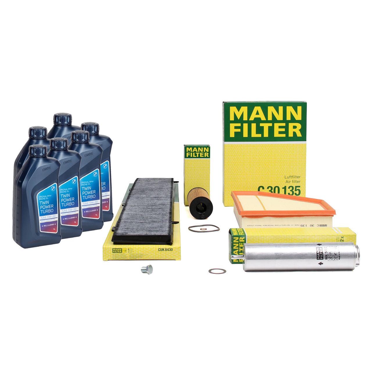 MANN Filterset 4-tlg + 6L ORIGINAL 5W30 Motor&ouml;l f&uuml;r BMW 3er E90-93 316d 320d 03.2010 N47