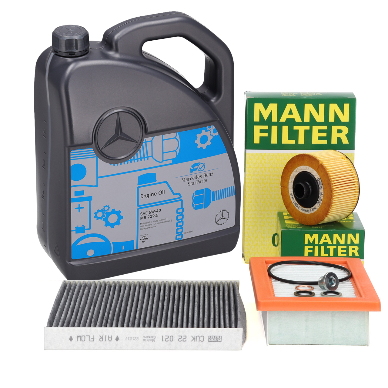 MANN Filterset 3-tlg + 5L ORIGINAL 5W40 f&uuml;r MB 229.5 Motor&ouml;l SMART ForFour ForTwo 453 0.9