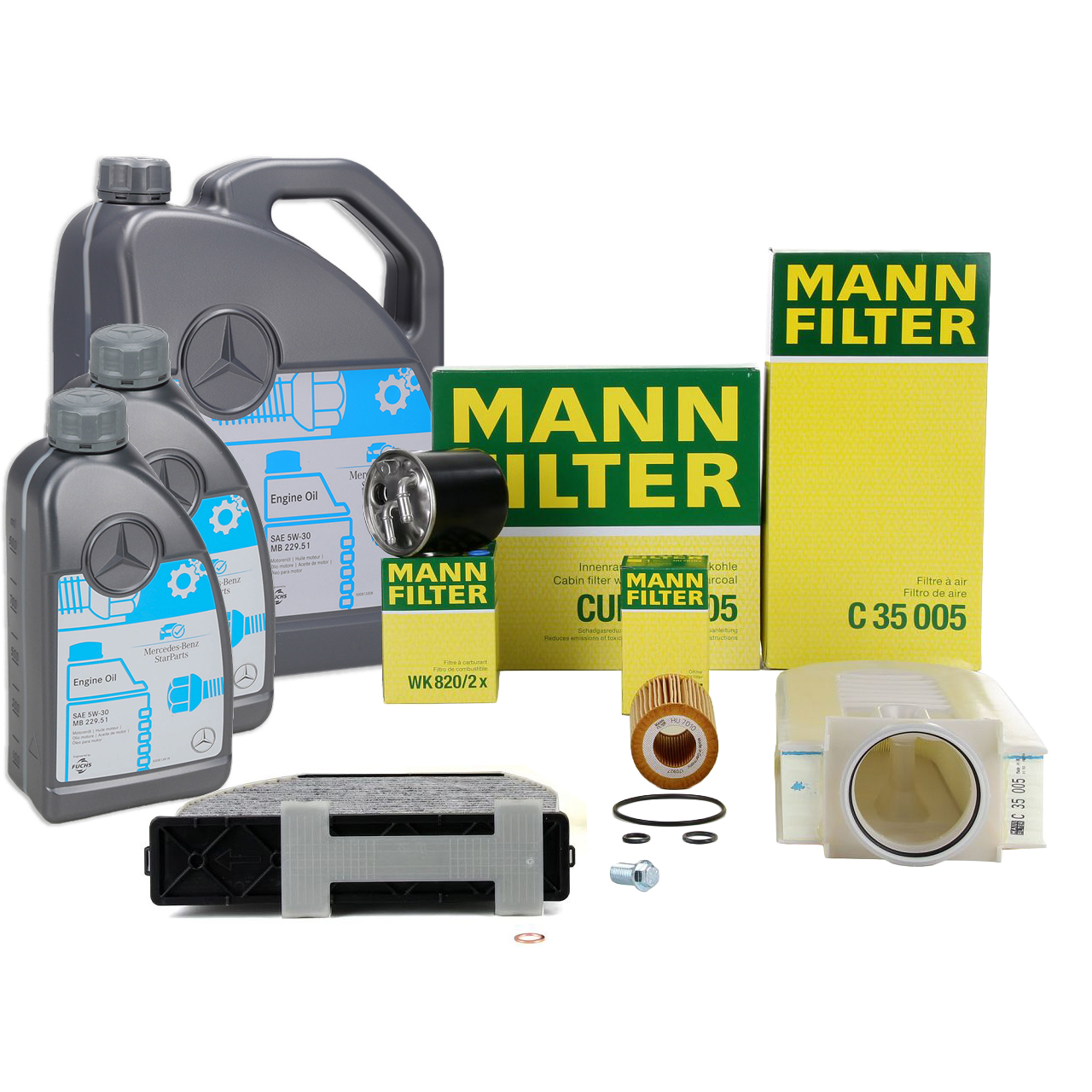 MANN 4-piece filter set + 7L ORIGINAL 5W30 engine oil for MERCEDES W204, C218, W212, X204, OM651