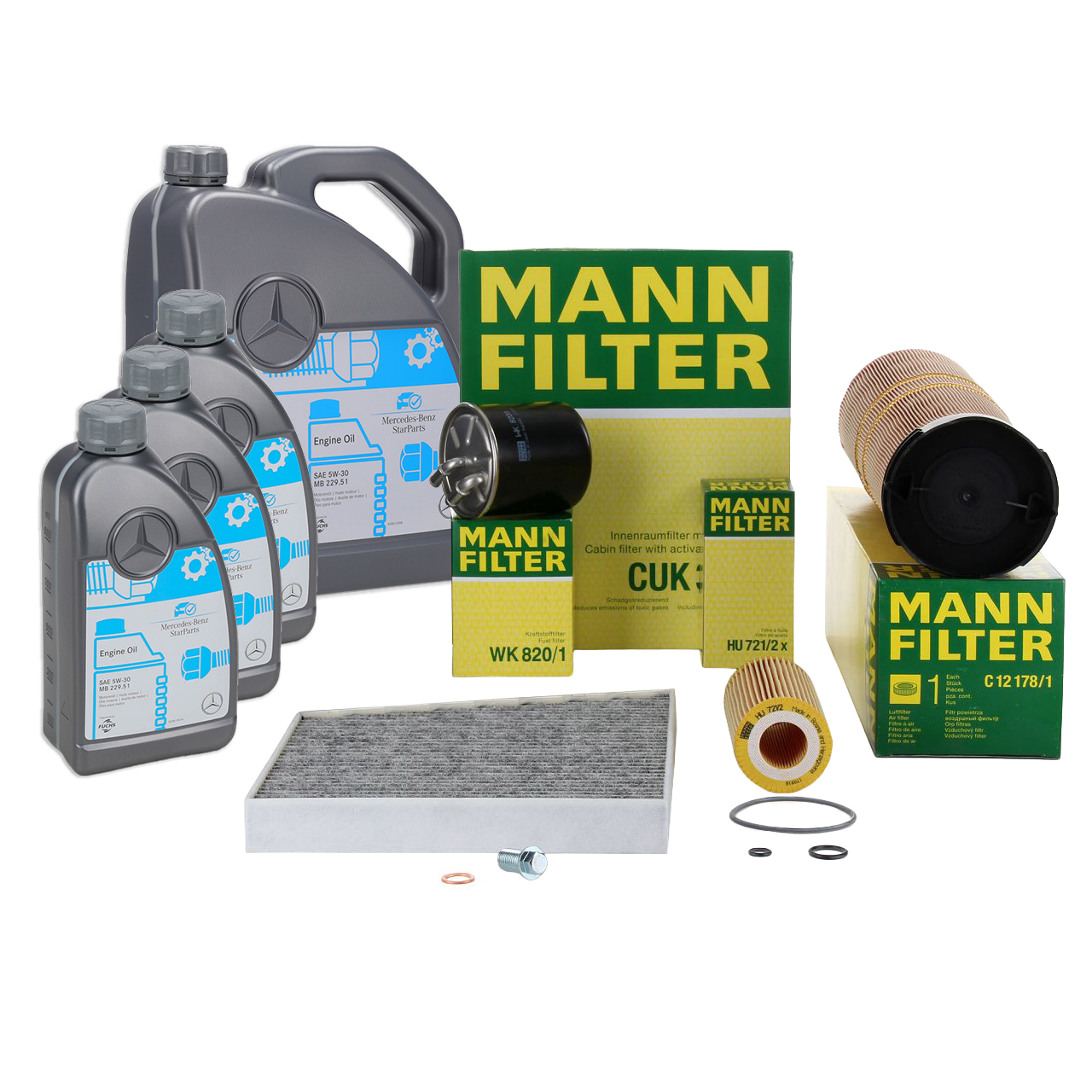 MANN Filterset 4-tlg + 8L ORIGINAL 5W30 Motor&ouml;l MERCEDES E-Klasse W211 E320CDI OM648