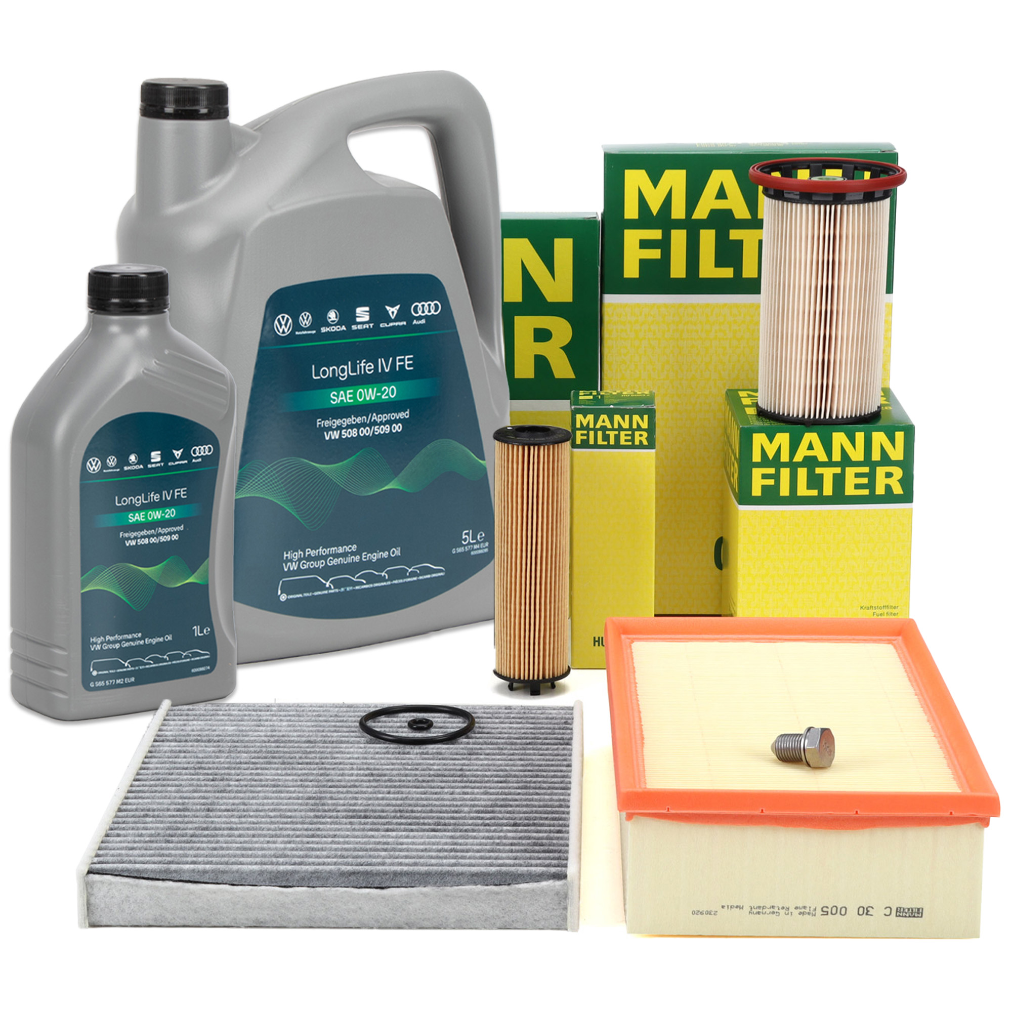 MANN Filterset 4-tlg + 6L ORIGINAL 0W20 Motor&ouml;l f&uuml;r VW Golf 8 Passat Tiguan Touran 2.0 TDI