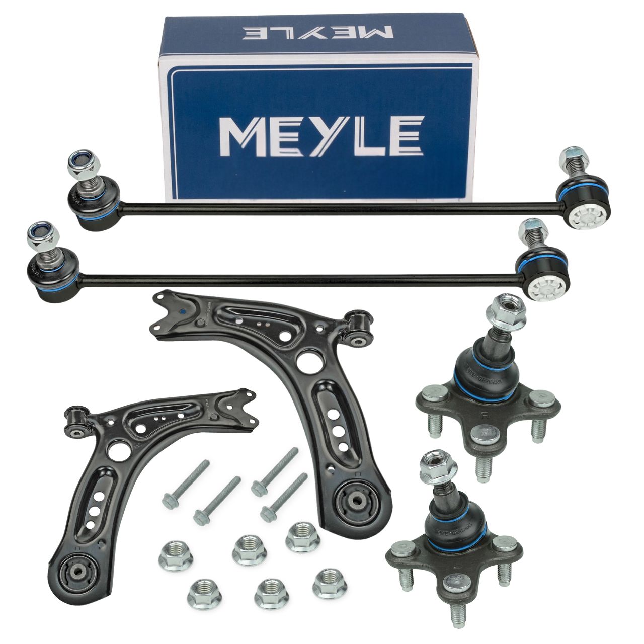 2x MEYLE control arms + ball joints + tie rod for VW Golf 7, 8, Audi A3 8V, Q2, GA (front)