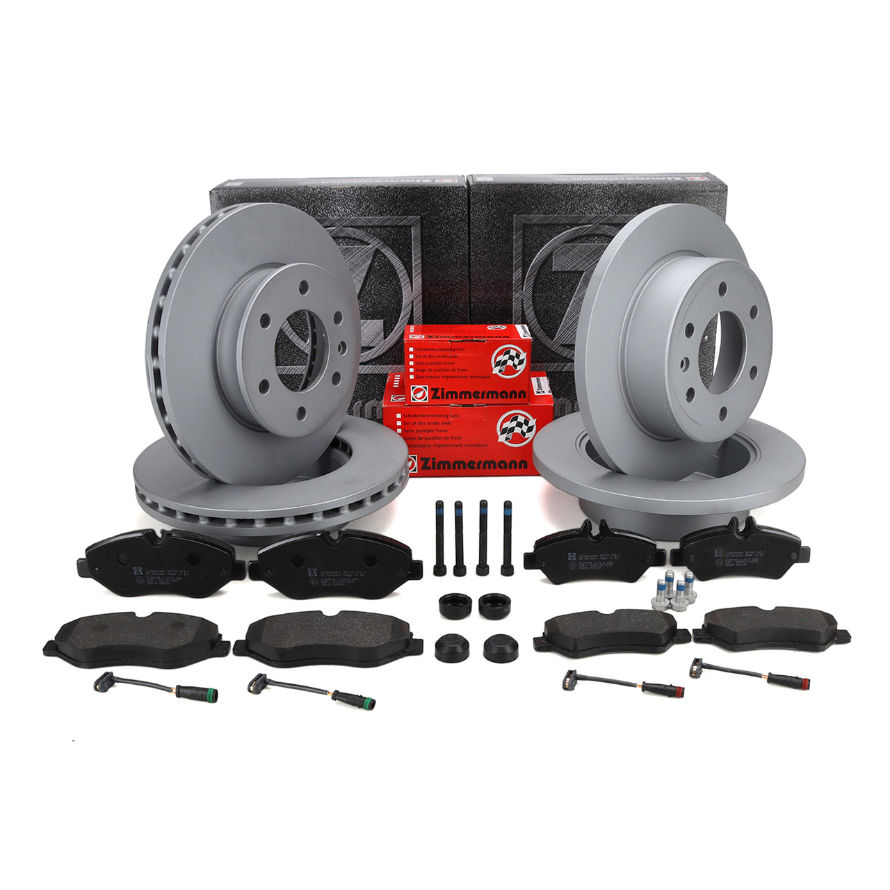 ZIMMERMANN Bremsscheiben + Bel&auml;ge + Wako f&uuml;r MERCEDES Sprinter 2E 2F vorne + hinten