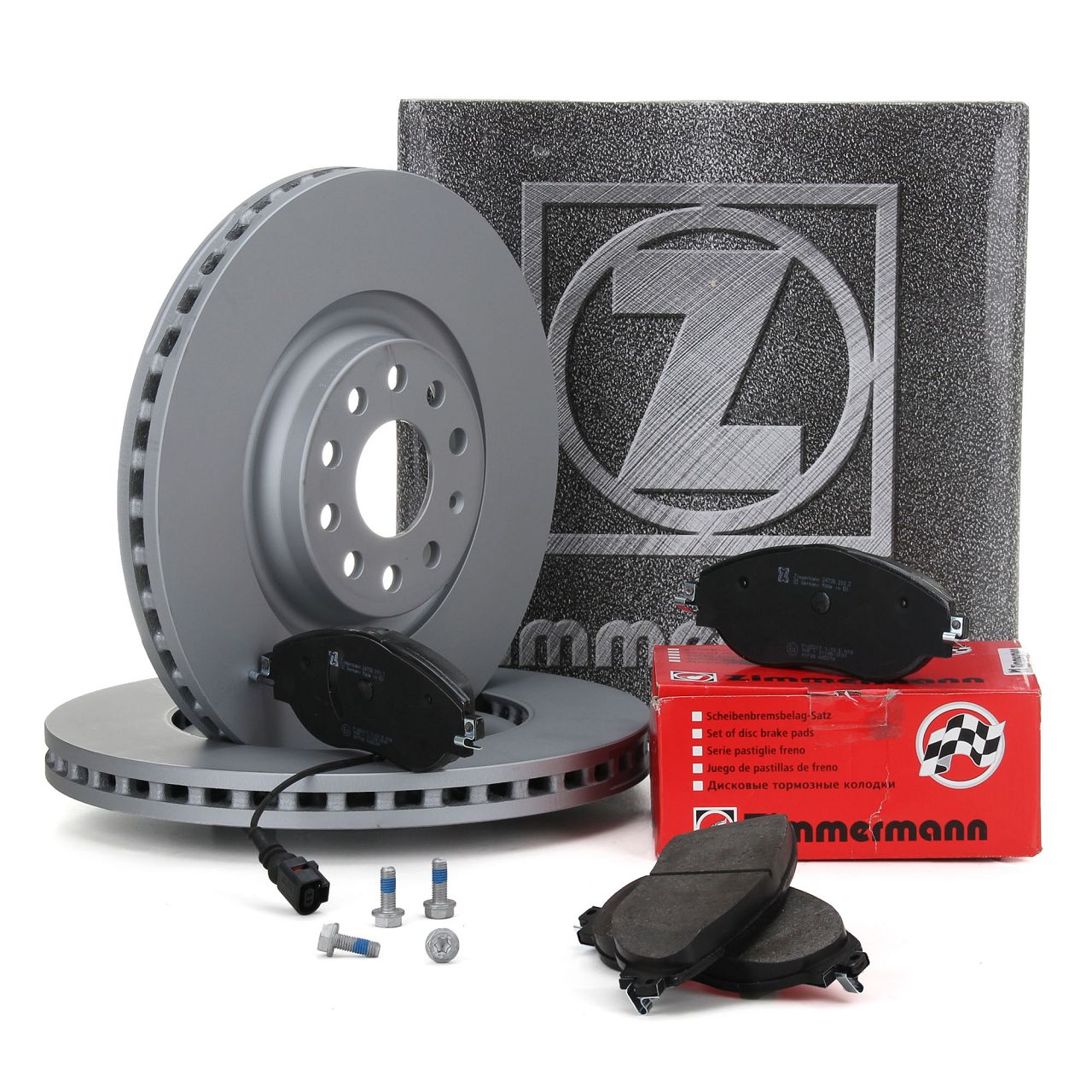 ZIMMERMANN Brake Discs + Pads + Wako for AUDI S3 8V, VW Golf 7, 8 GTI/R, Passat B8 (front)