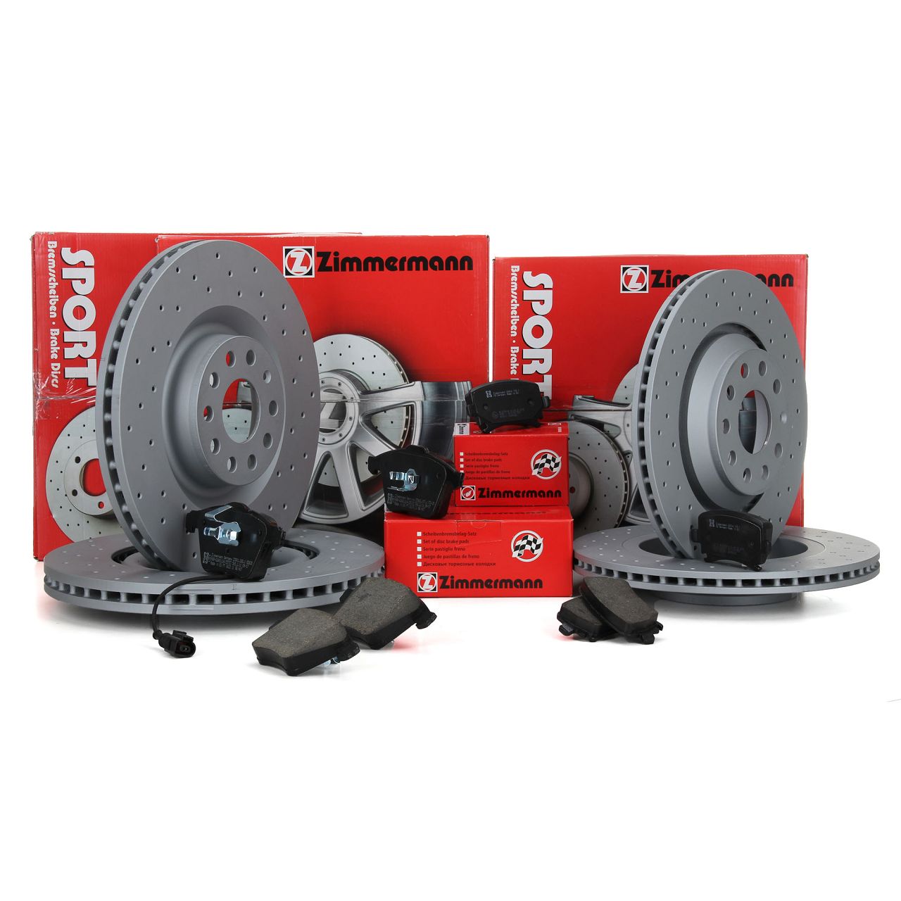 Zimmermann SPORT brake discs + pads + Wako for AUDI A3 3.2 V6 and VW Golf 5 (Front + Rear)