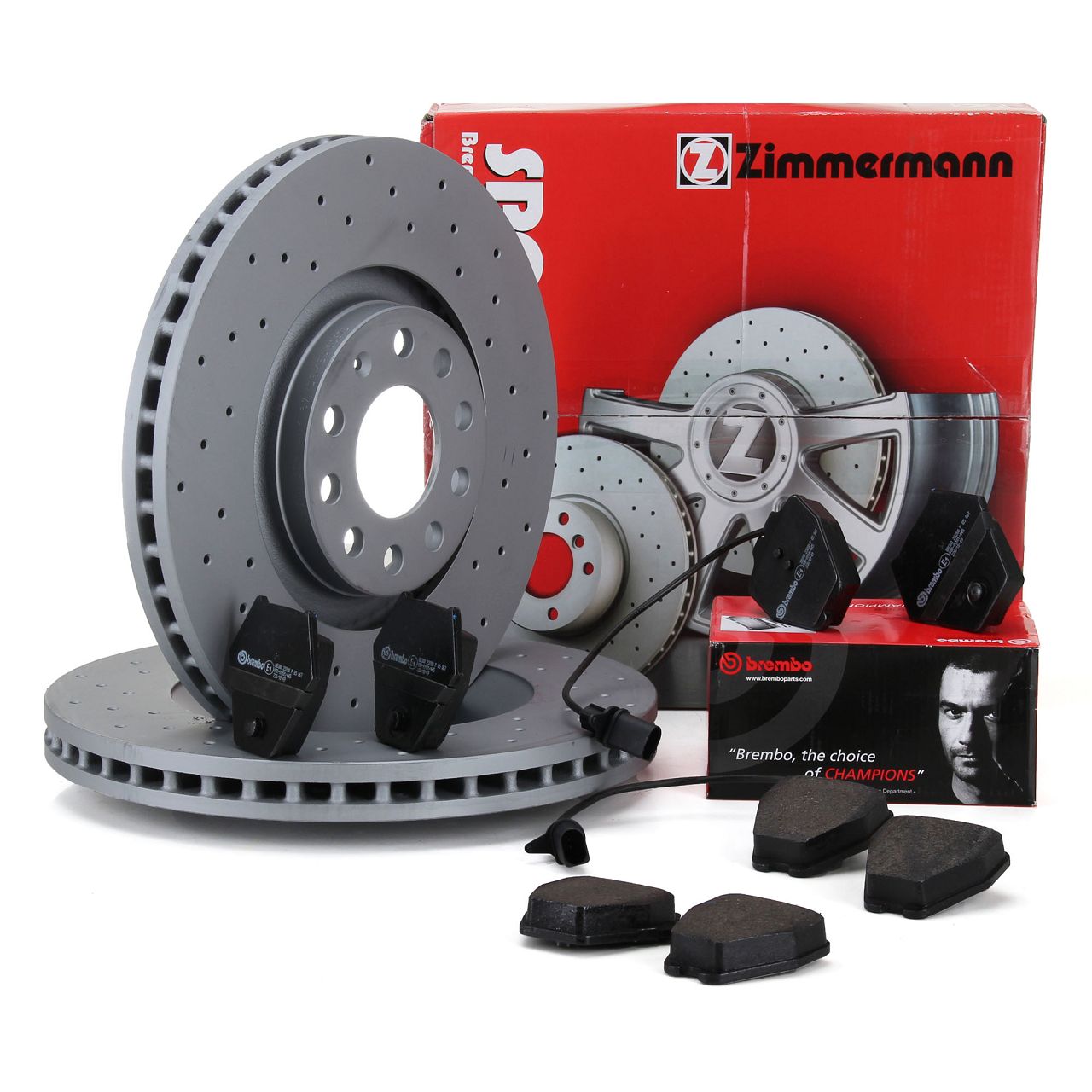Zimmermann SPORT brake discs + BREMBO brake pads for AUDI S4 B5, A6 4B, C5 (Front)