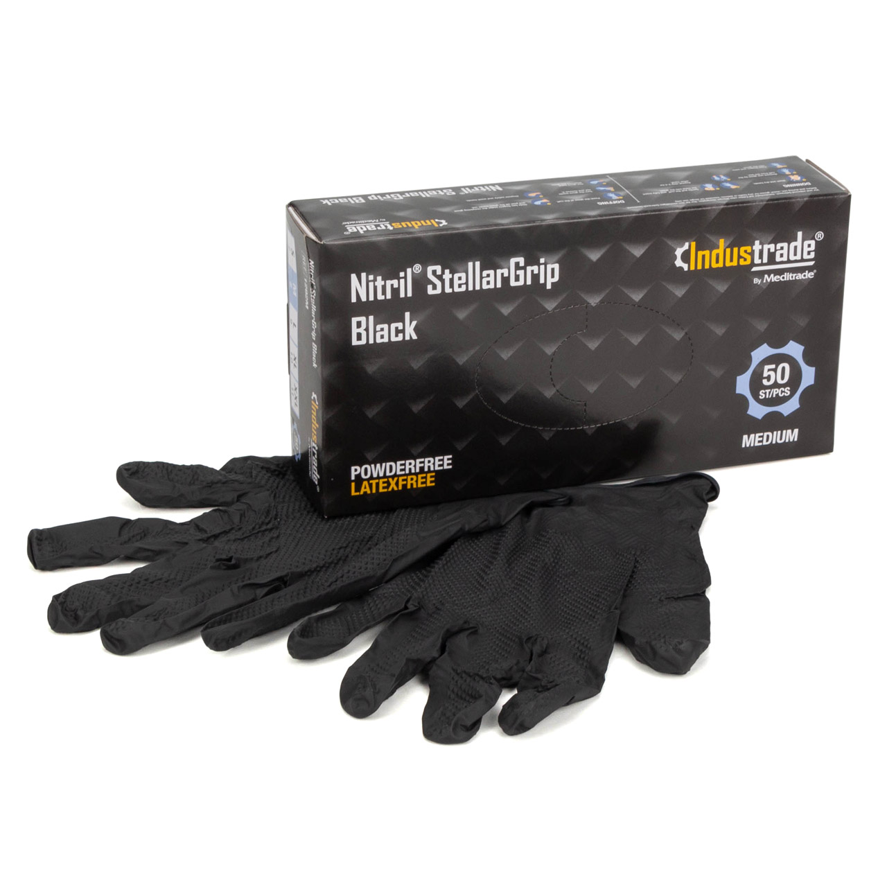 50 pairs, Size 8 / M, Nitrile StellarGrip Gloves, Protective Gloves, Diamond Pattern, BLACK
