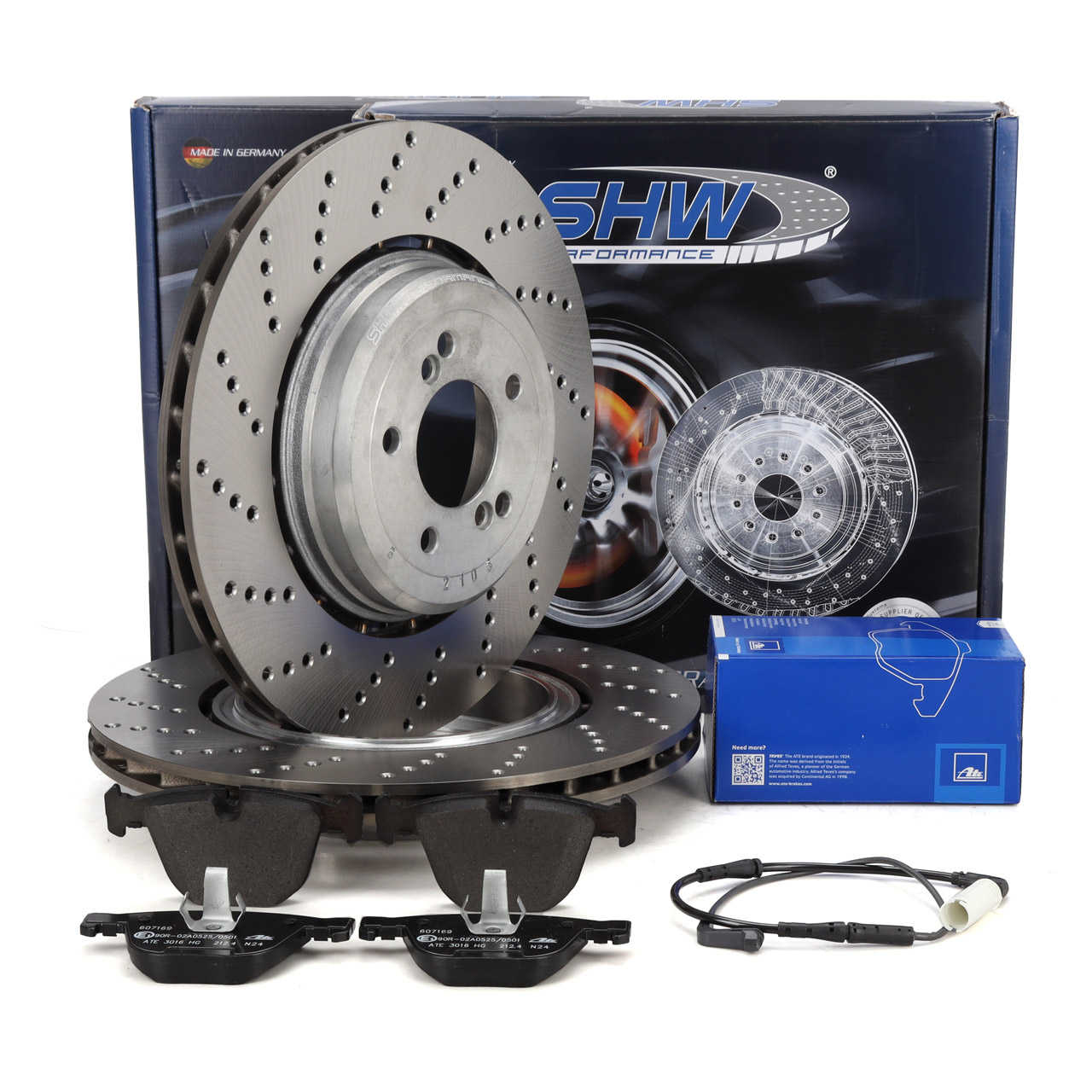 SHW Brake Discs + ATE Original Brake Pads + Sensor for BMW 5 Series E60 M5, 6 Series E63 E64 M6 (Rear)