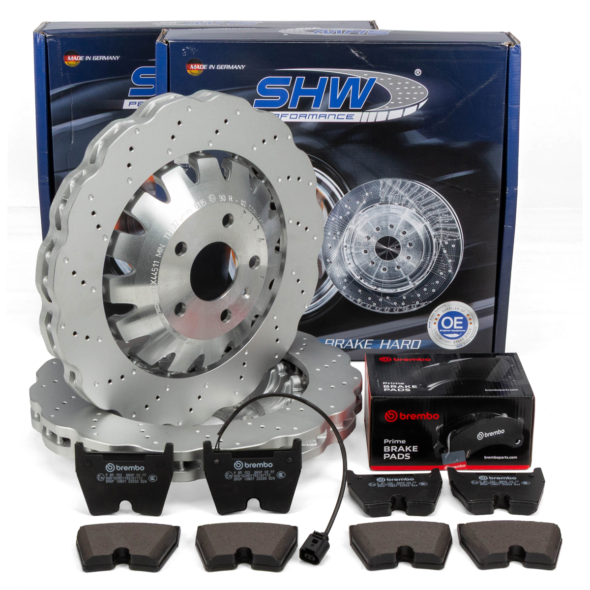 SHW Brake Discs + BREMBO Pads + Sensor for AUDI RS3 8V 367 hp + 400 hp (June 2017) &ndash; Front
