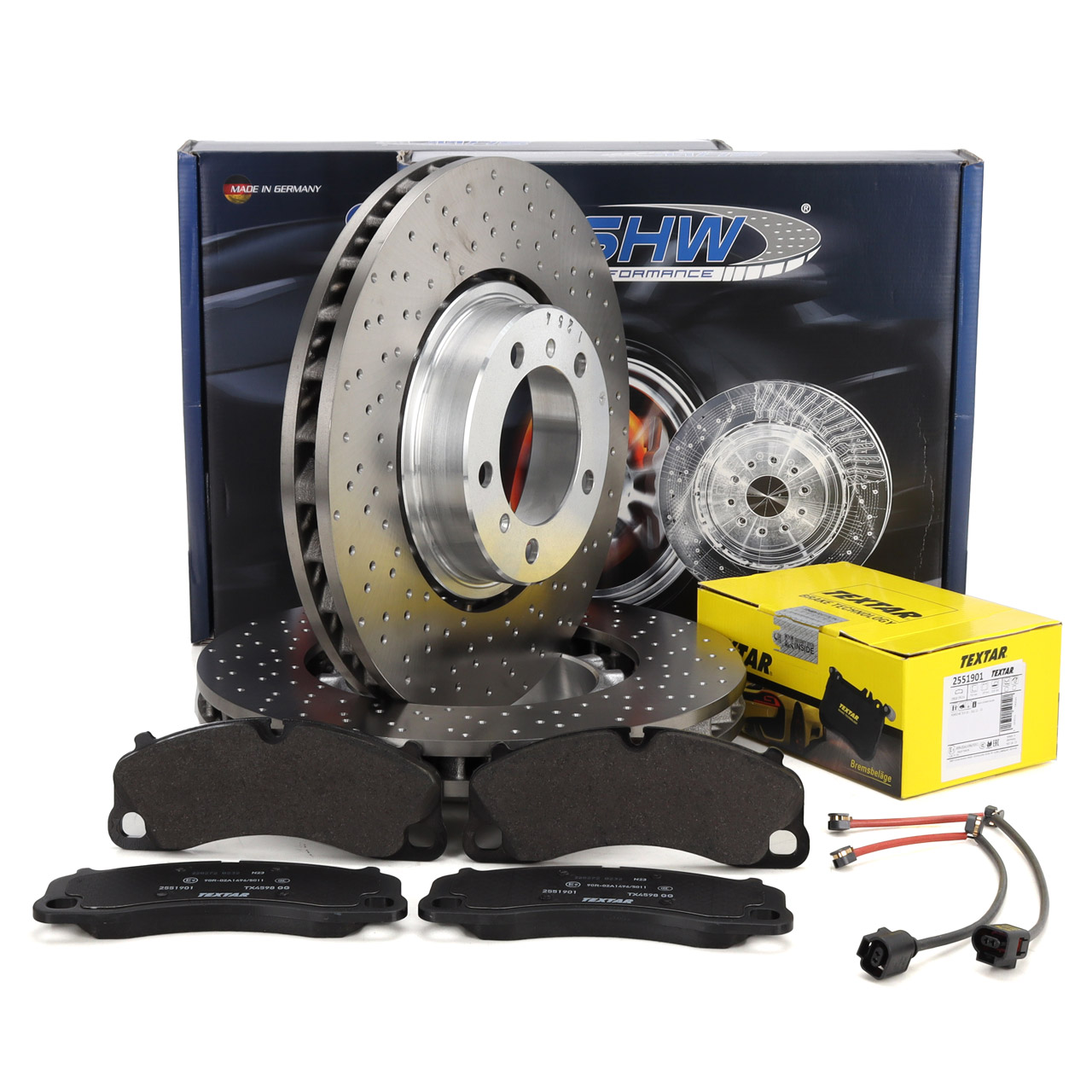 SHW brake discs + TEXTAR brake pads + sensor for PORSCHE 991 3.0 Carrera S / GTS (front)