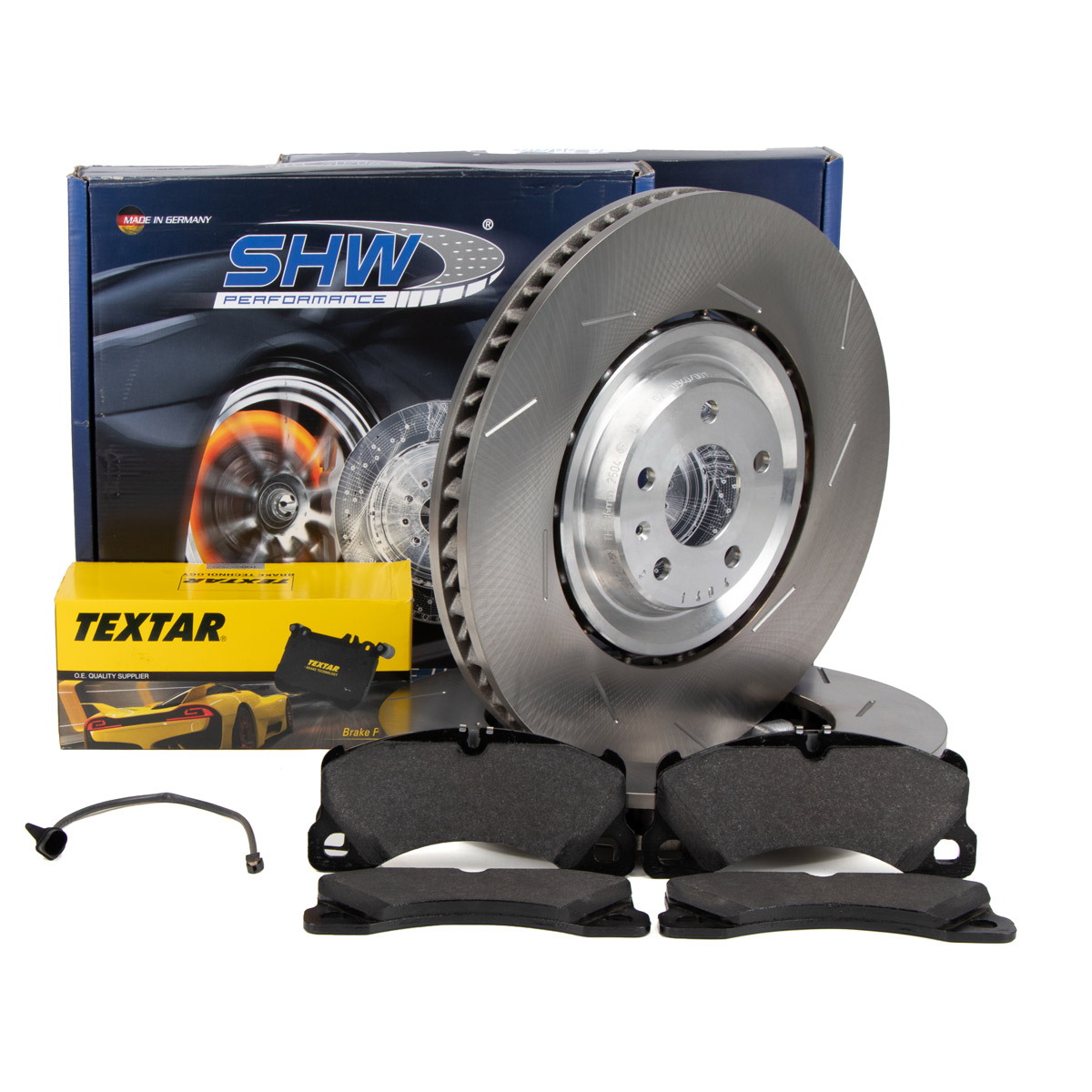 SHW Bremsscheiben + TEXTAR Bel&auml;ge + Sensor f&uuml;r PORSCHE Macan (95B) 18 Zoll PR-1LH vorne