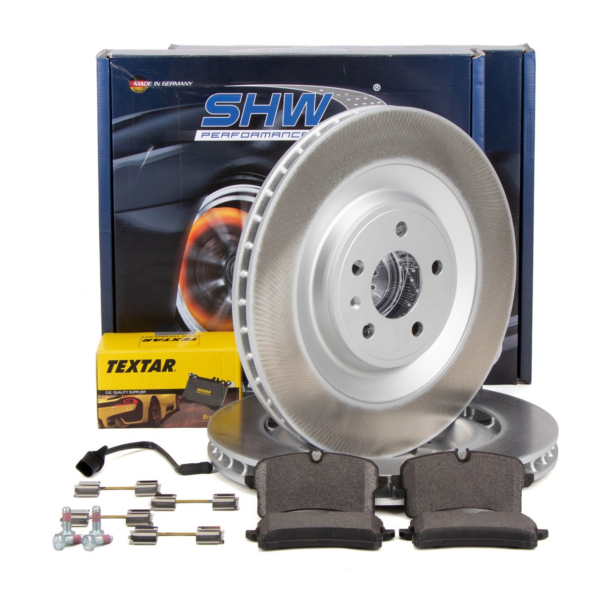 SHW Bremsscheiben TEXTAR Bel&auml;ge Sensor f&uuml;r PORSCHE MACAN (95B) 18'' 2EK bis 01.2022 hinten