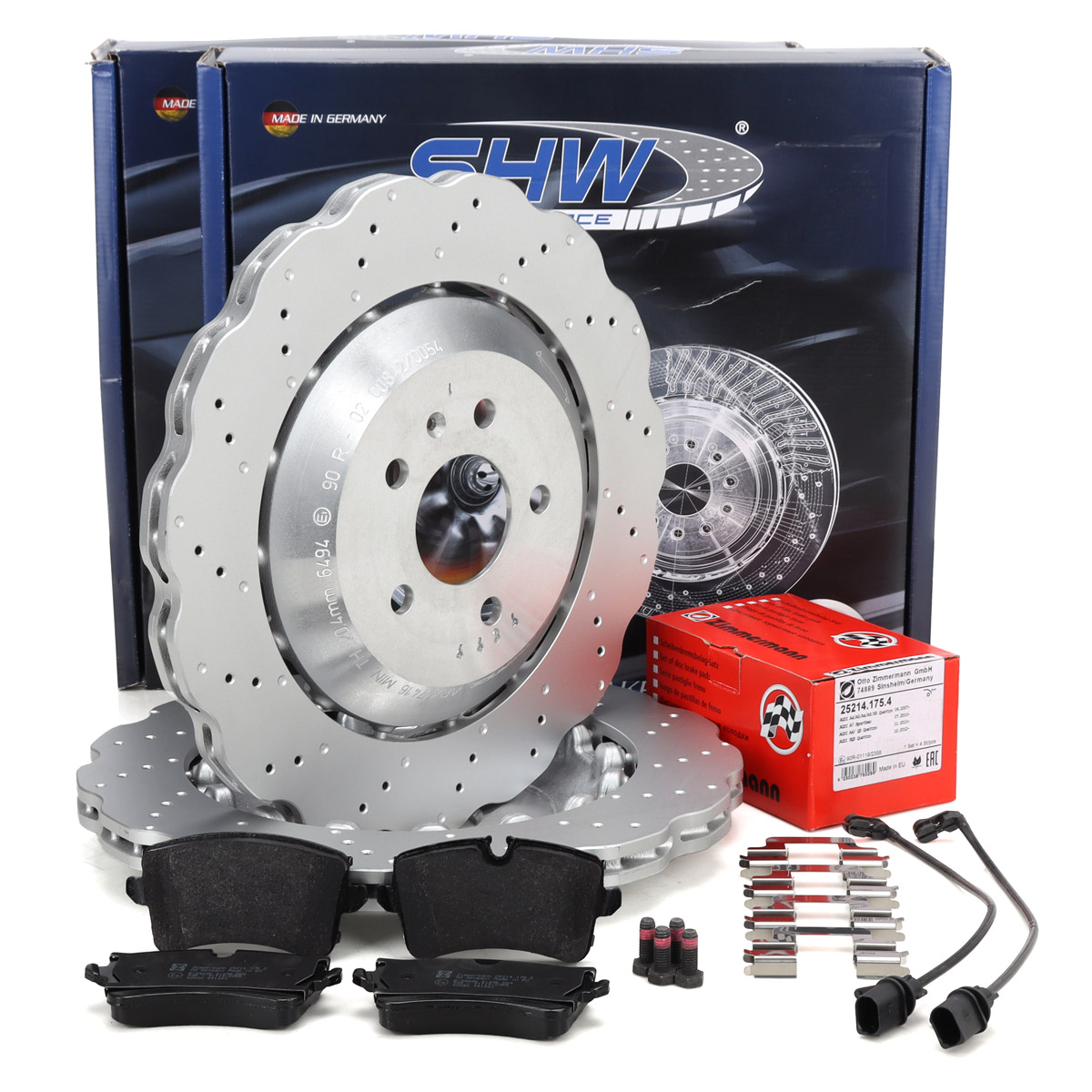 SHW Bremsscheiben + ZIMMERMANN Bremsbel&auml;ge + Sensor f&uuml;r AUDI RS6 4G C7 PR-1KJ/1KQ hinten