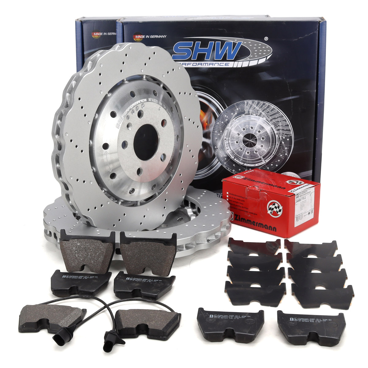 SHW Brake Discs + ZIMMERMANN Brake Pads + Sensor for AUDI RS4 B8, RS5 8T, 8F, R8 (Front)