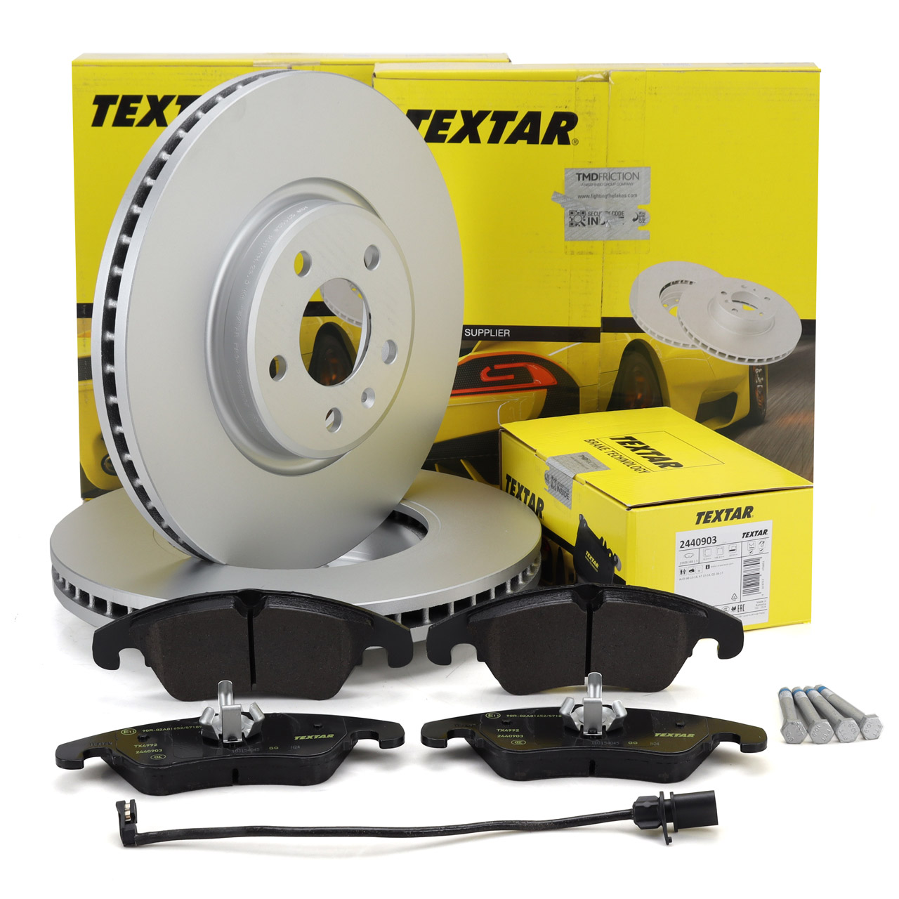 TEXTAR Bremsscheiben + Bremsbel&auml;ge + Sensor f&uuml;r AUDI A4 B8 A5 8T 8F A6 C7 A7 4G 8RB vorne
