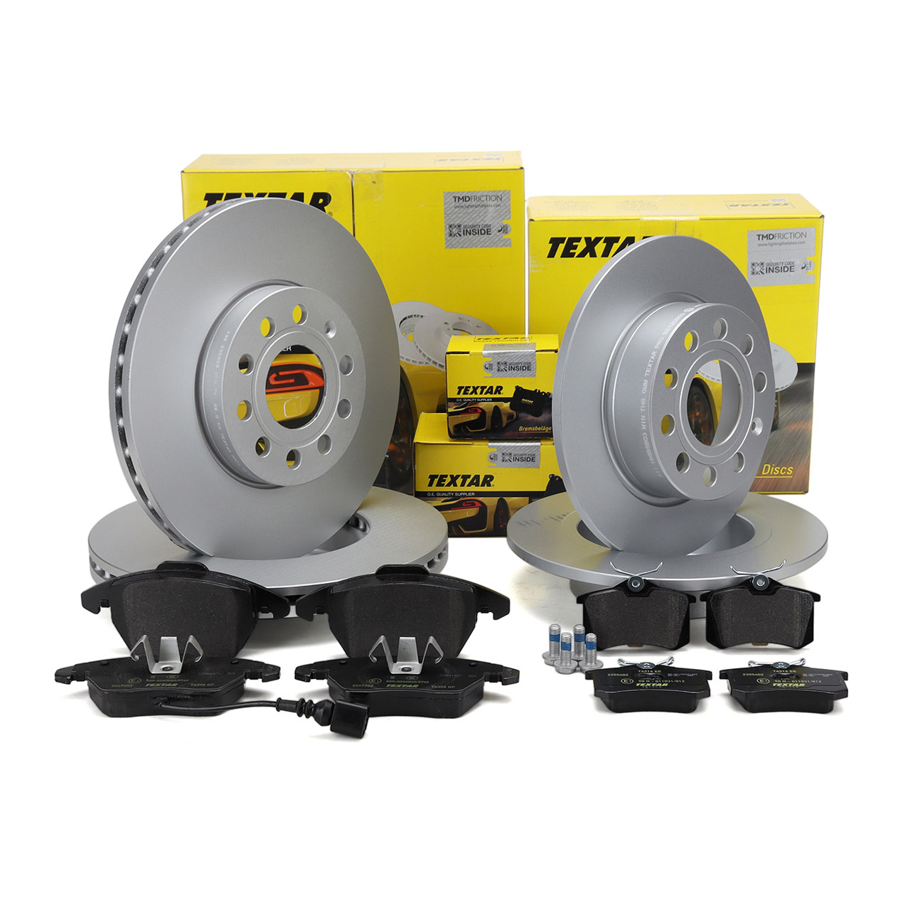 TEXTAR Bremsscheiben + Bremsbel&auml;ge + Sensor f&uuml;r VW Golf 5 6 AUDI A3 8P vorne + hinten